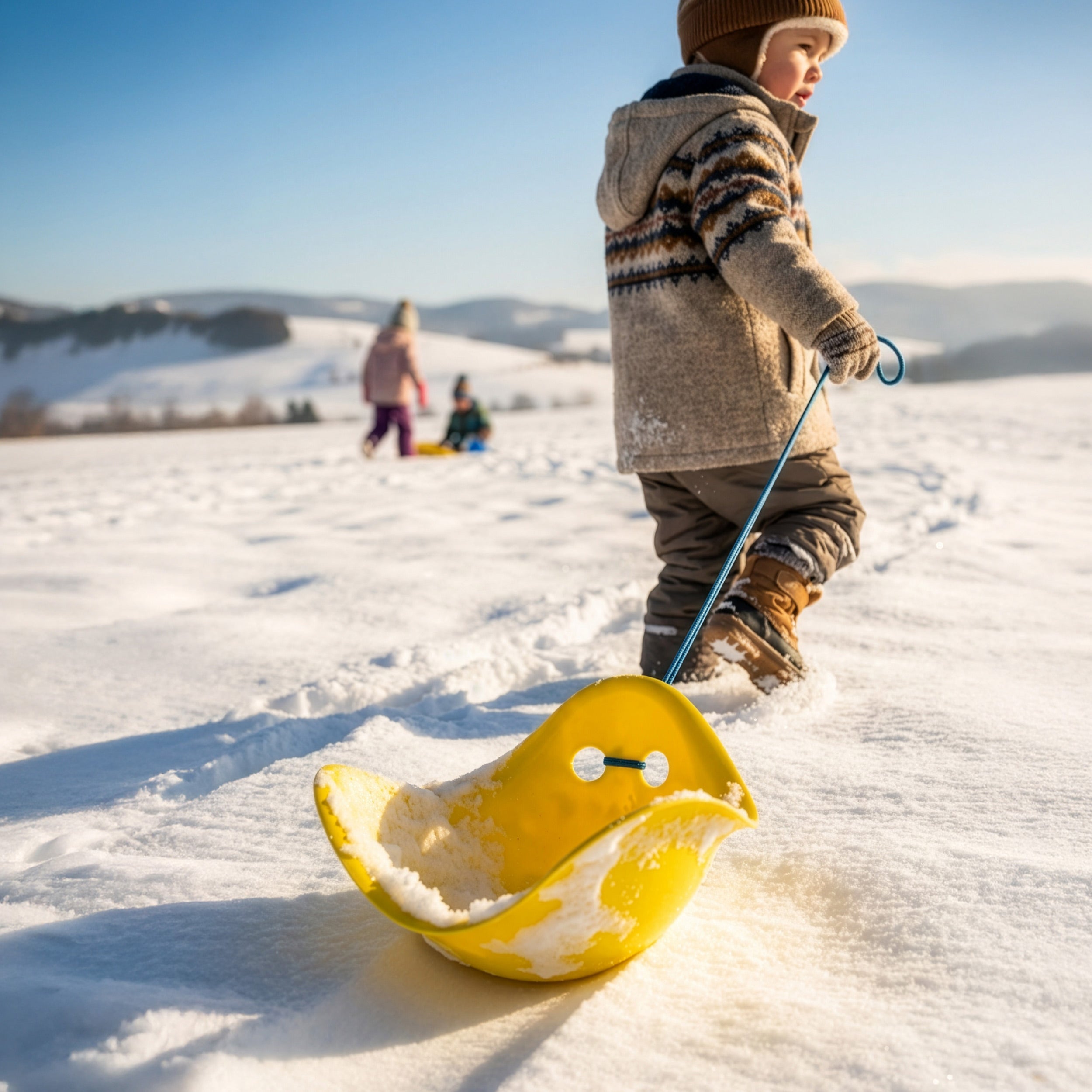 Boy in winter clothes pulling a yellow Bilibo play shell on a rope through deep snow, with hills and children playing the background.