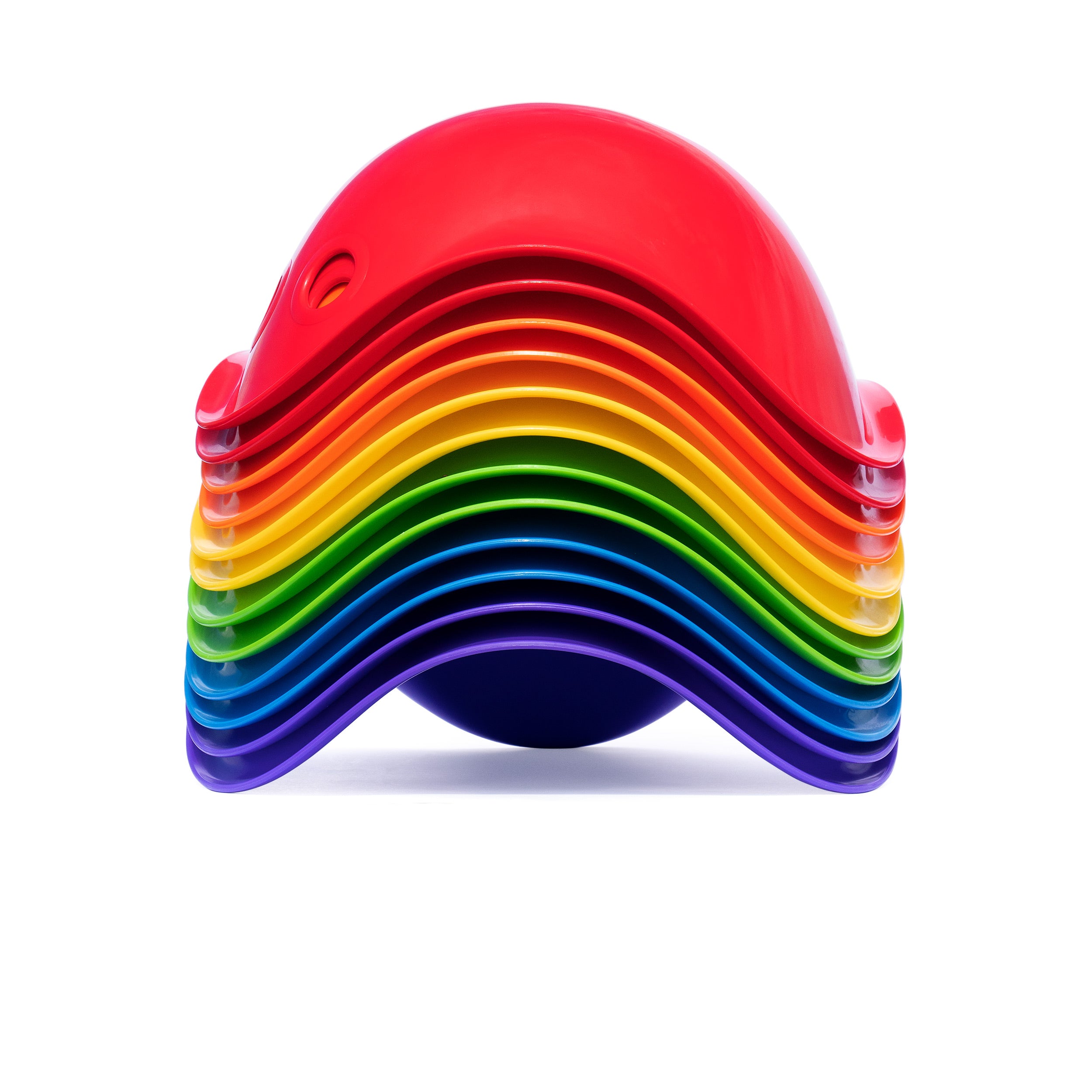 Stack of Bilibo shells by MOLUK in rainbow colors.