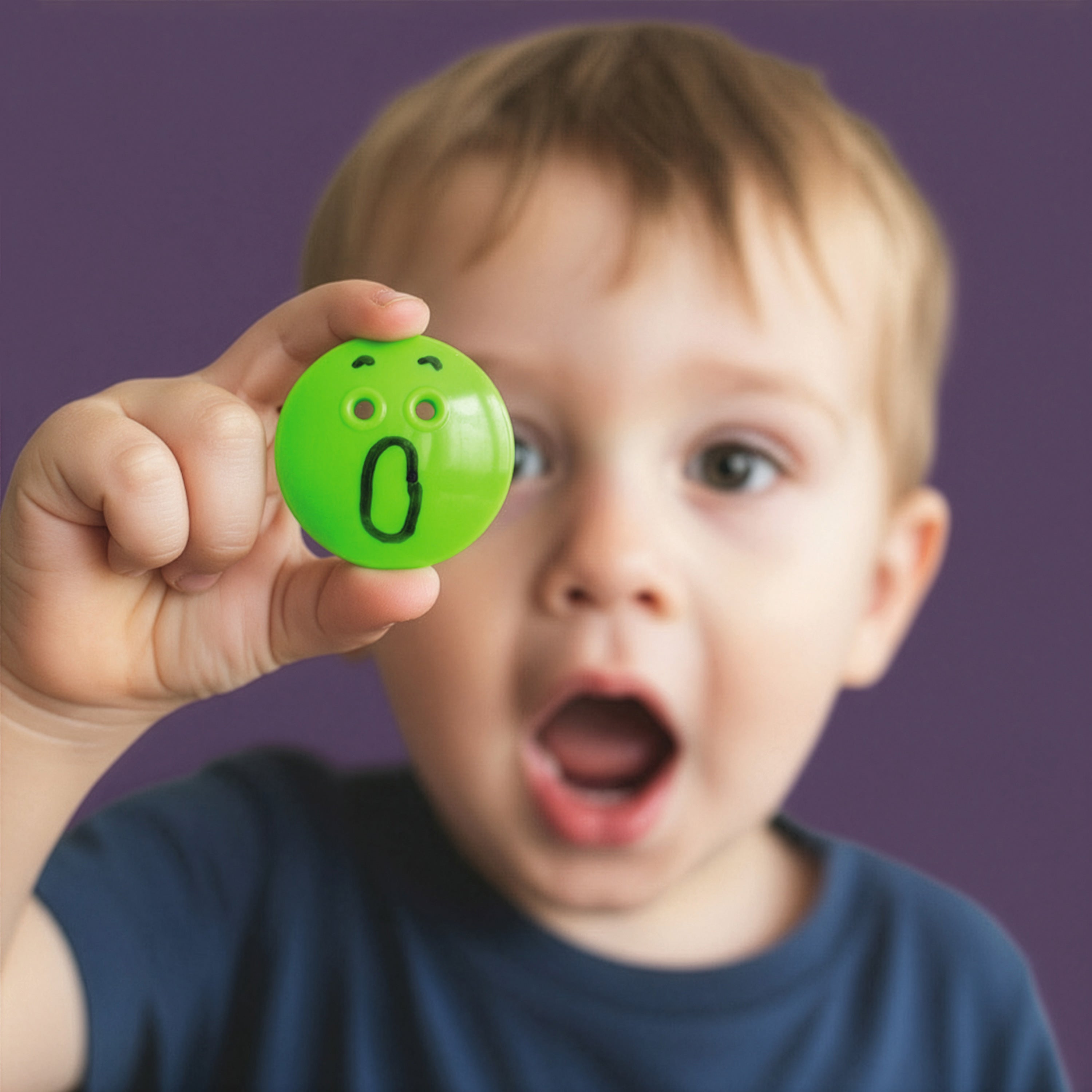 Child holding green Bilibo Dot with drawn face – expressive and imaginative play with MOLUK