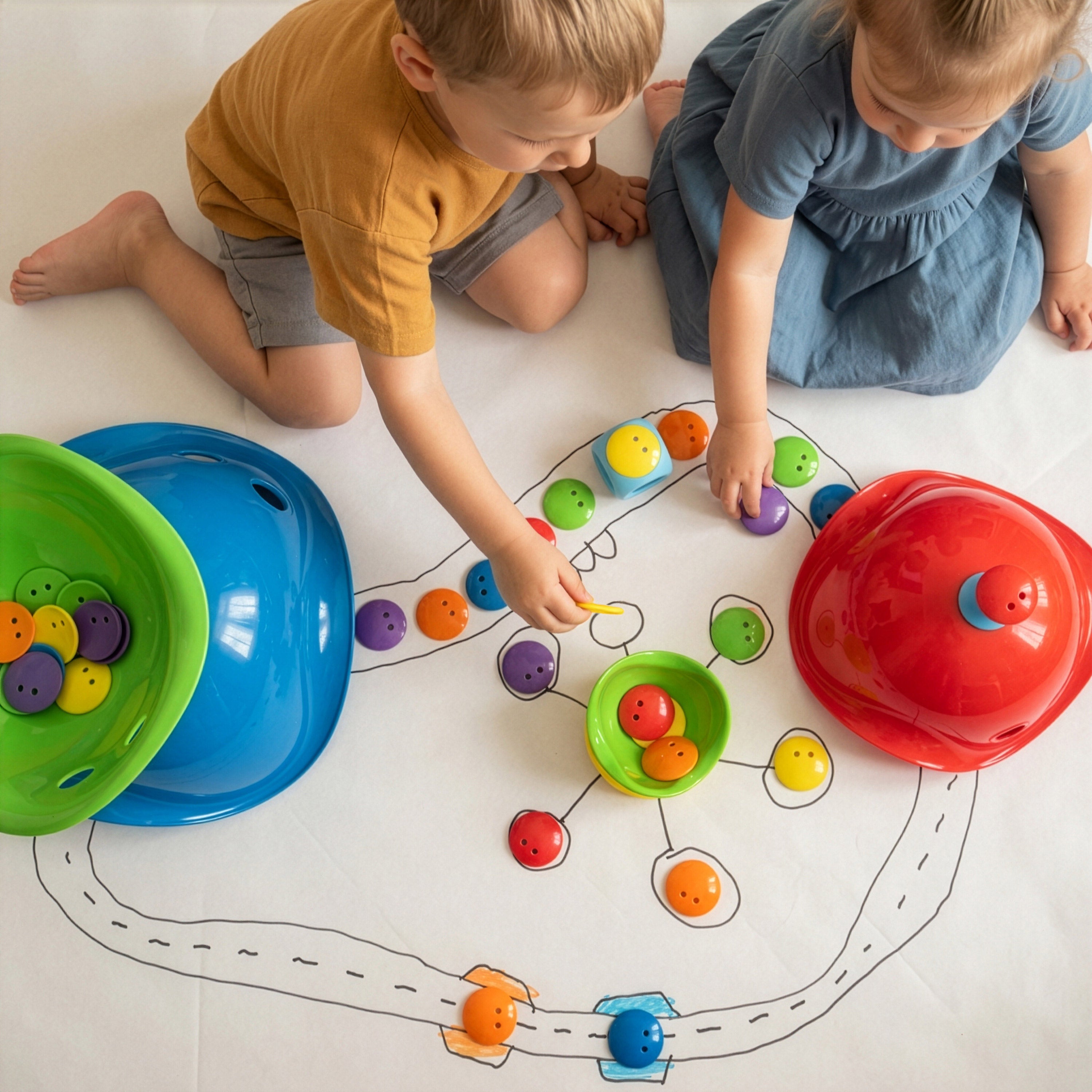 Children using Bilibo Dots with Bilibo Midi and Mini shells – sorting, counting, and open-ended floor play by MOLUK