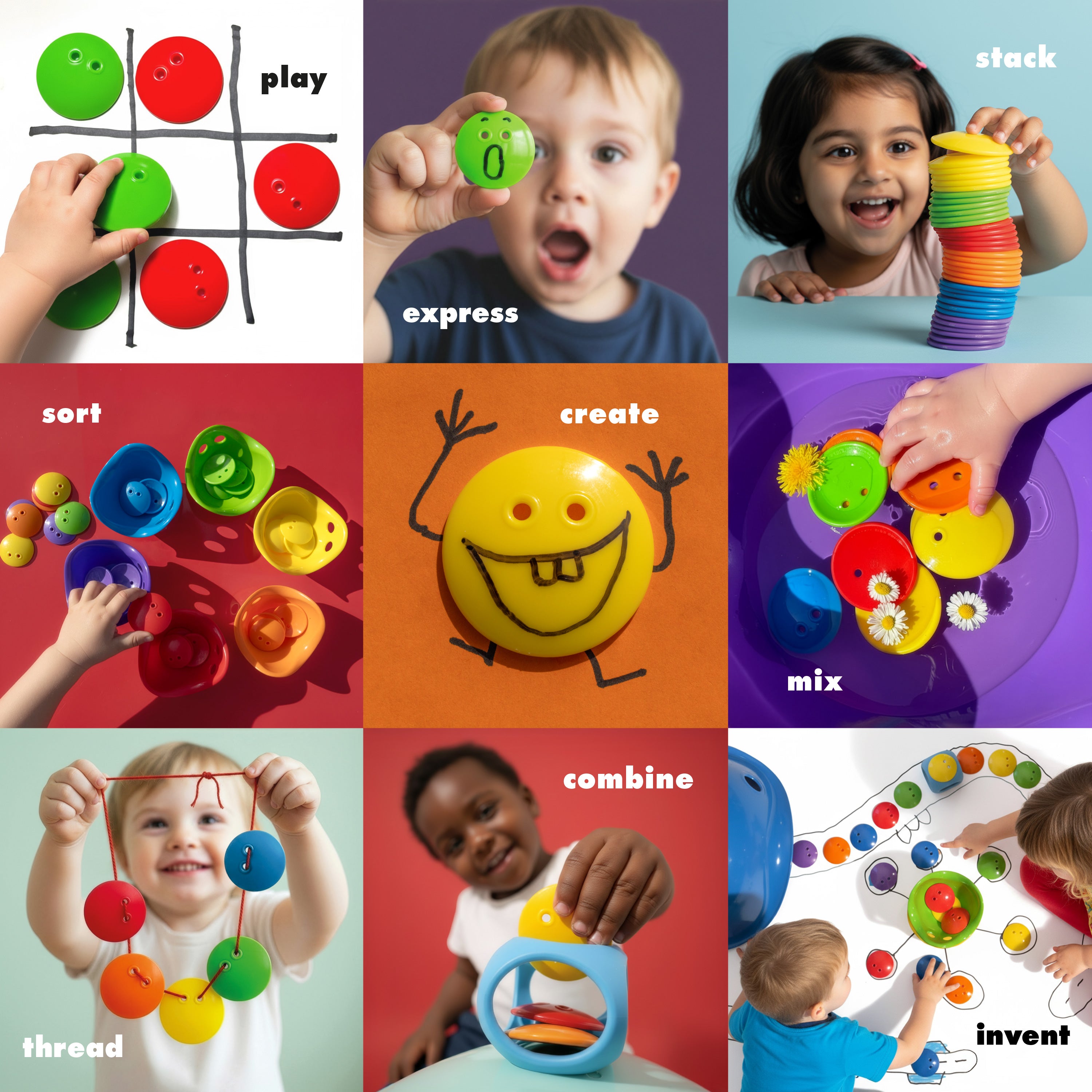 Bilibo Dots play collage – children sorting, stacking, threading, mixing, and inventing with colorful counters by MOLUK