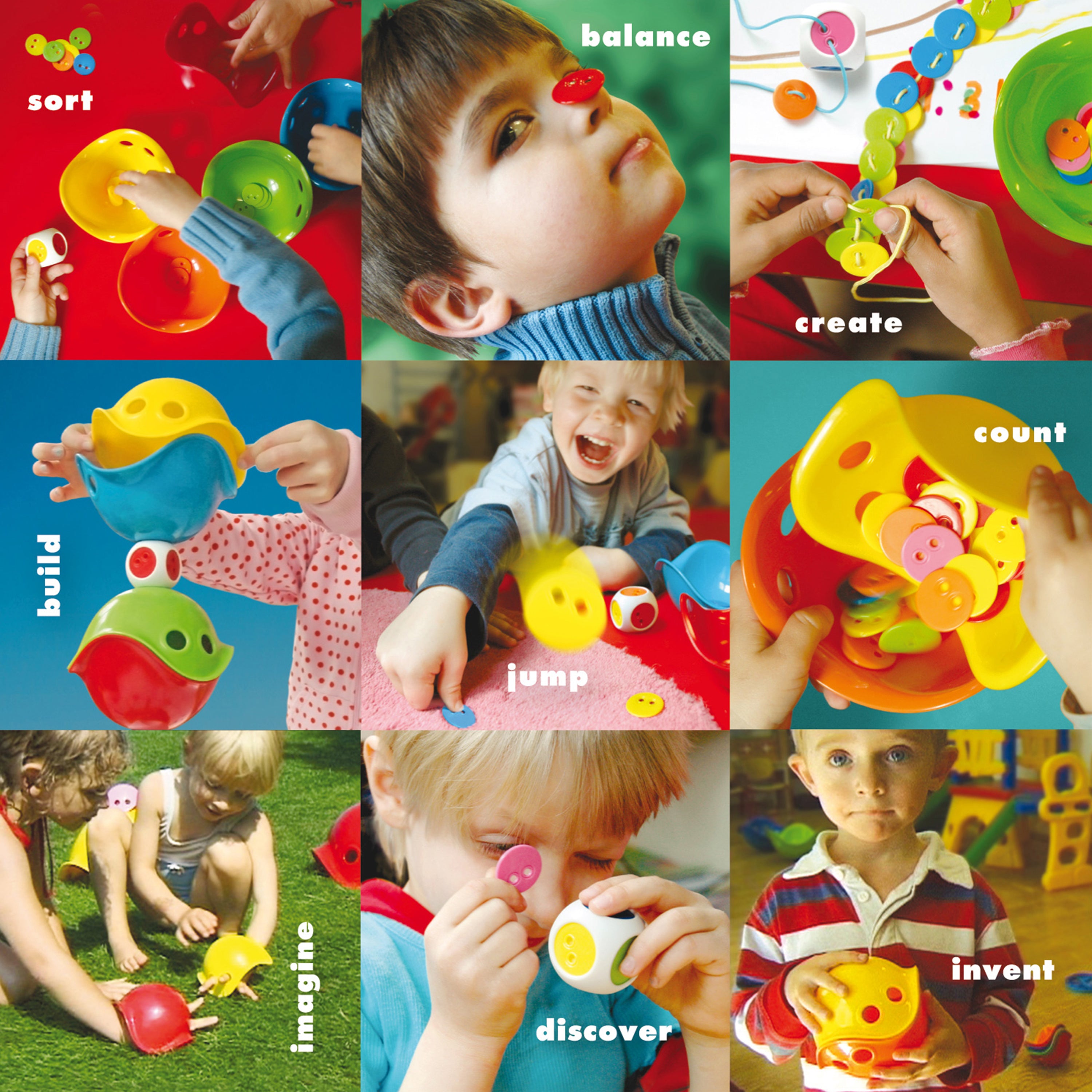 Collage of children exploring creative ways to play with the Bilibo Game Box by MOLUK — sorting, balancing, creating, building, counting, imagining, discovering, and inventing through open-ended play.