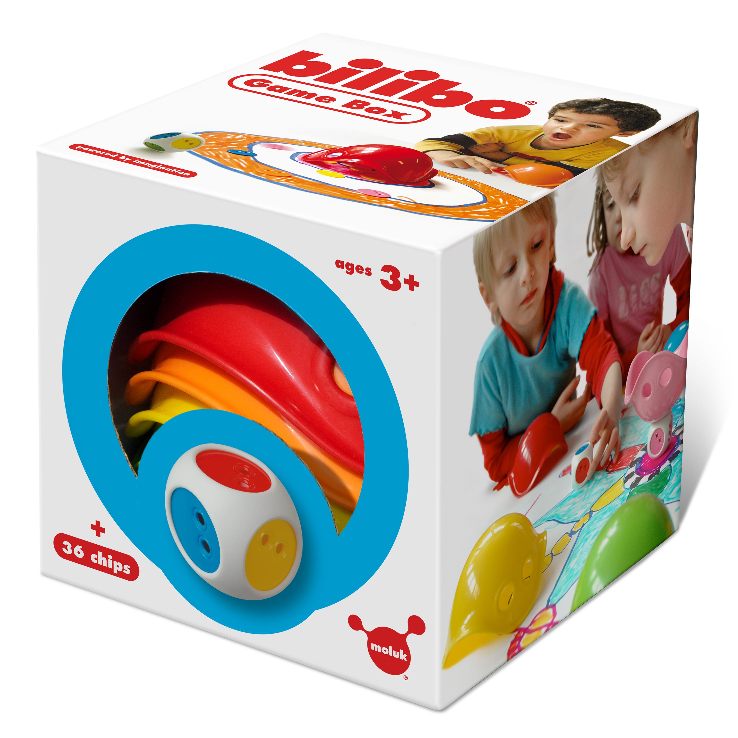 Bilibo Game Box packaging by MOLUK for open-ended play, with 3+ age recommendation.
