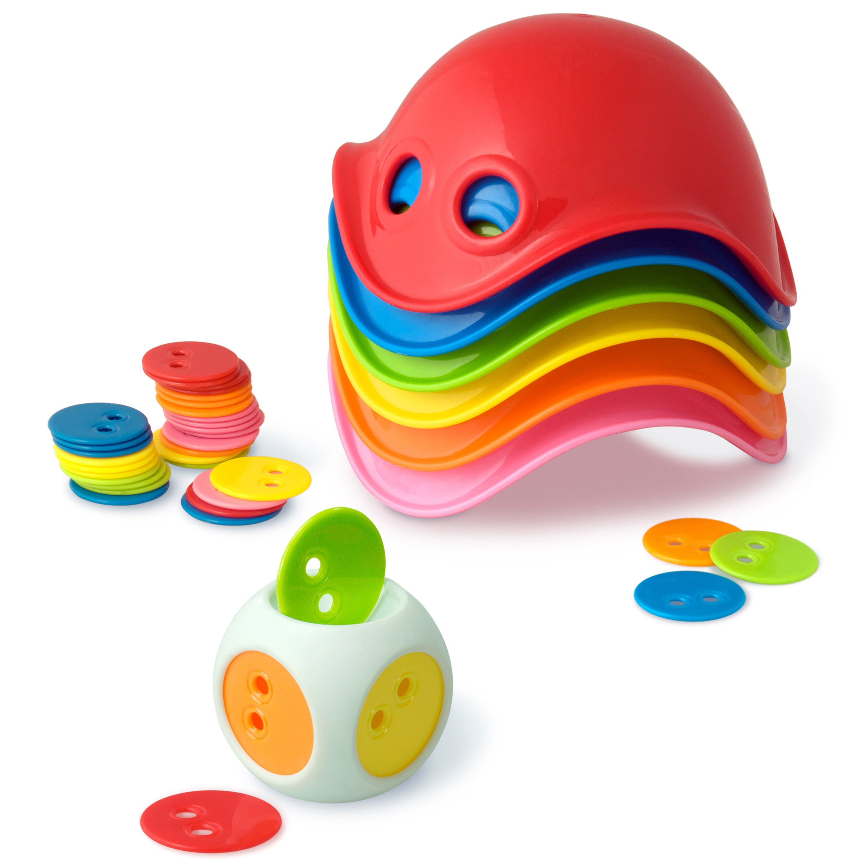 Bilibo Game Box set by MOLUK with a stack of Bilibo Mini shells, matching colored chips, and an elastic changeable die for open-ended play.