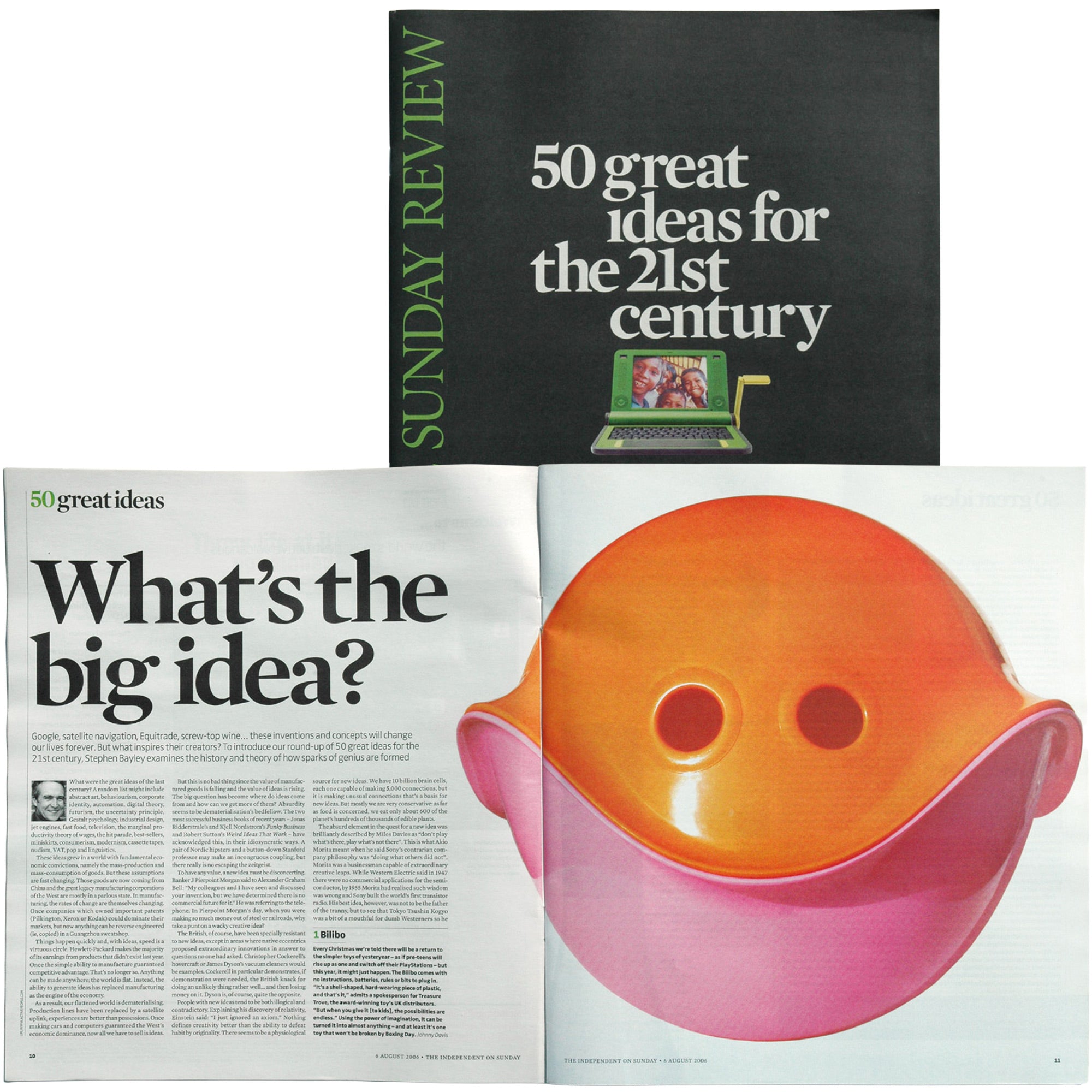 Cover of the Independent’s Sunday Review of “50 great ideas for the 21st century”, featuring a smiling orange and pink Bilibo by MOLUK in a full-page spread of the article.