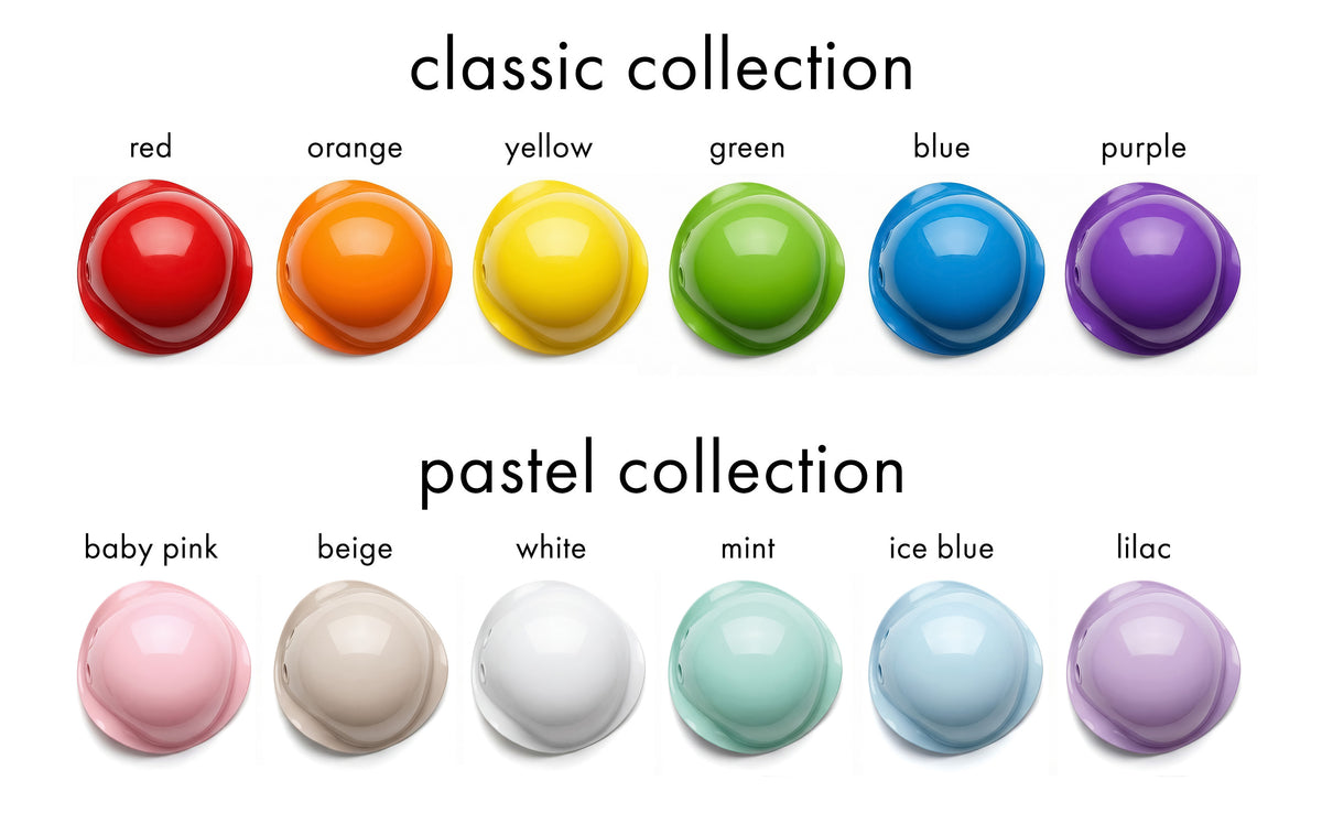 Bilibo Midi classic and pastel collections with red, orange, yellow, green, blue, purple, baby pink, beige, white, mint, ice blue, and lilac.