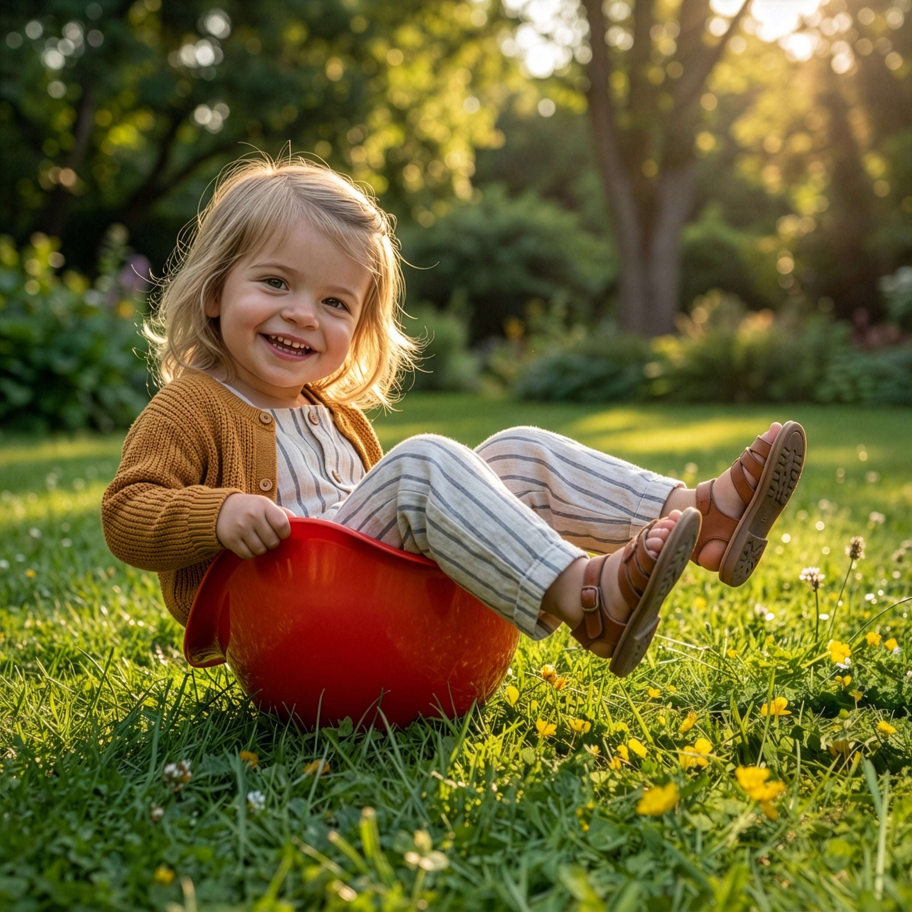 Toddler sitting and rocking in red Bilibo Midi on grass – outdoor balance play by MOLUK
