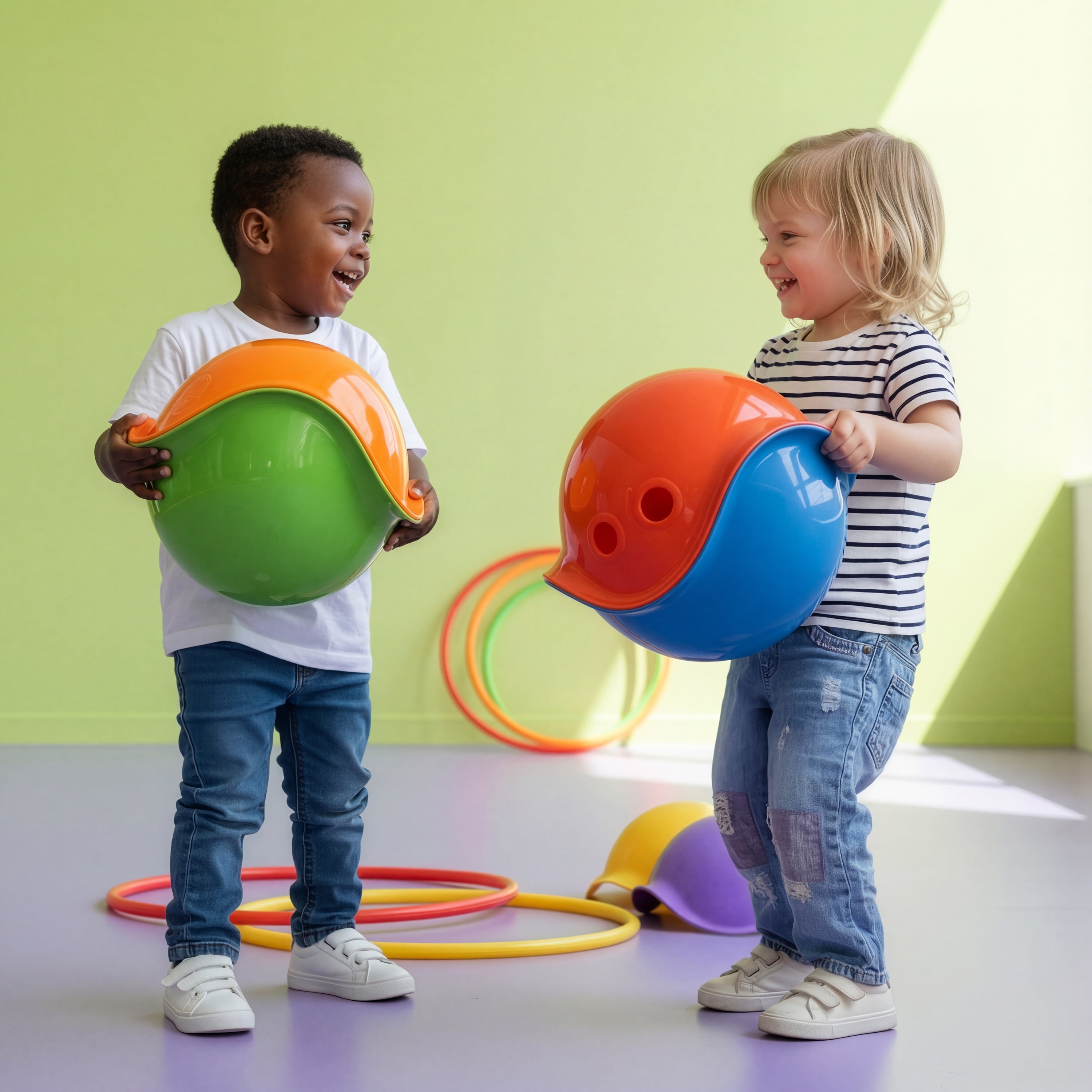Two toddlers playing with combined Bilibo Midi shells – cooperative and imaginative play