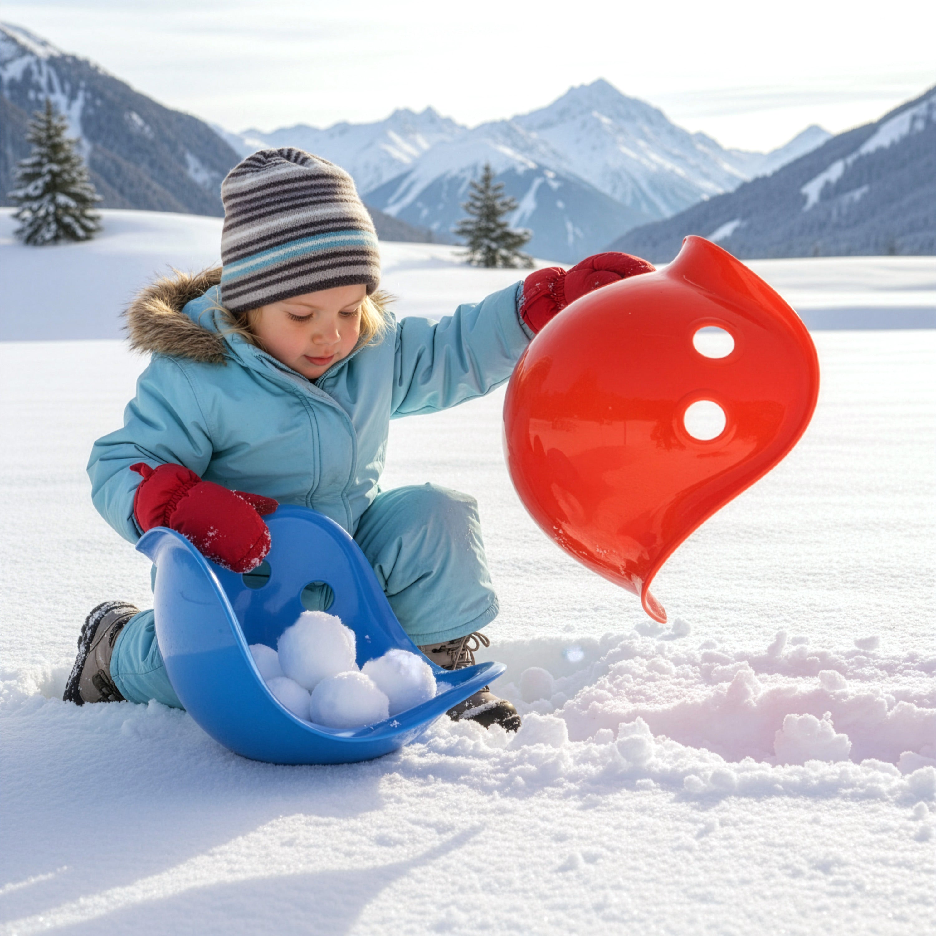 Child playing with Bilibo Midi shells in the snow – scooping and collecting snow outdoors