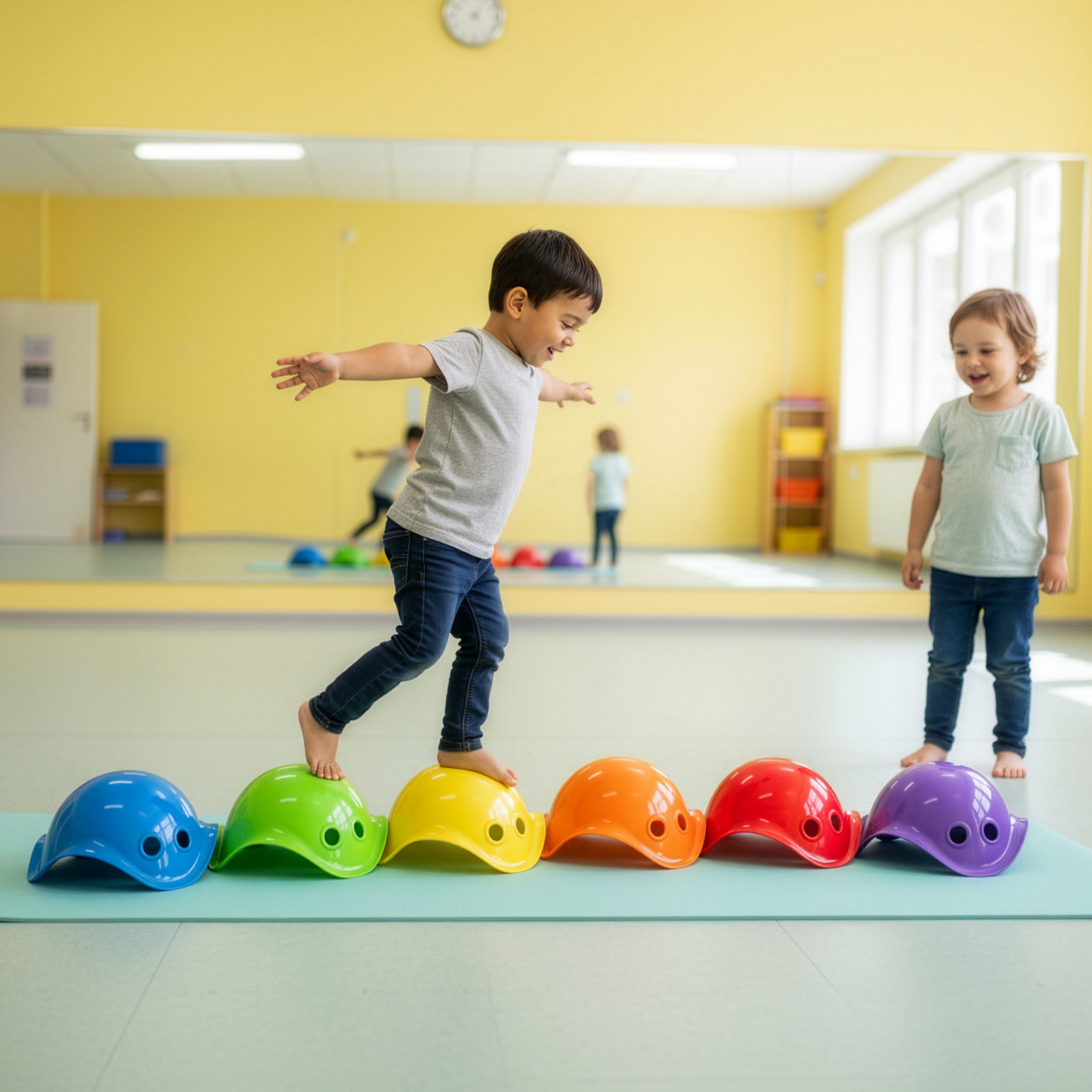 Child balancing on colorful Bilibo Midi shells in a row – indoor coordination and movement play