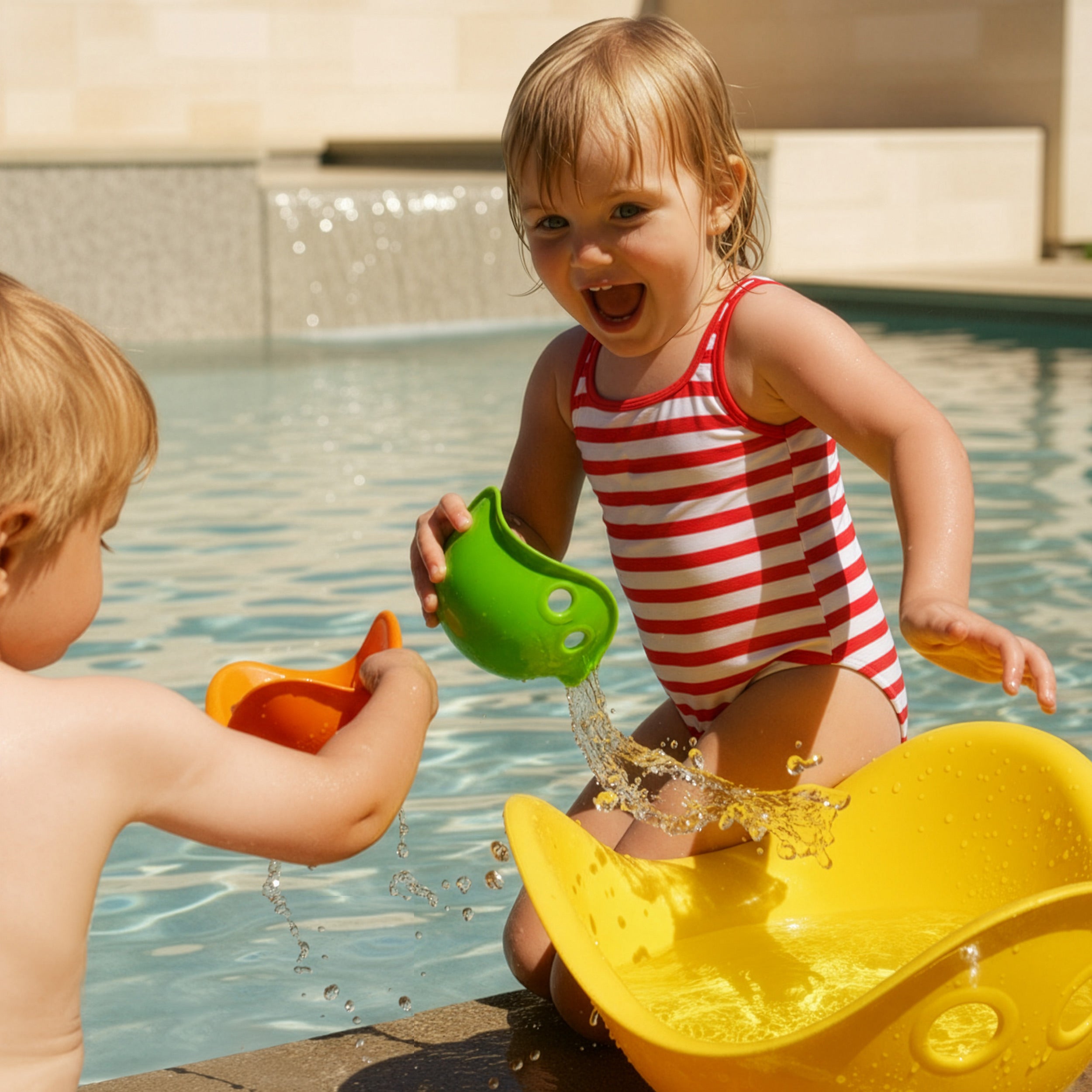 Two toddlers splashing and pouring water with Bilibo Mini sensory play shells by MOLUK.
