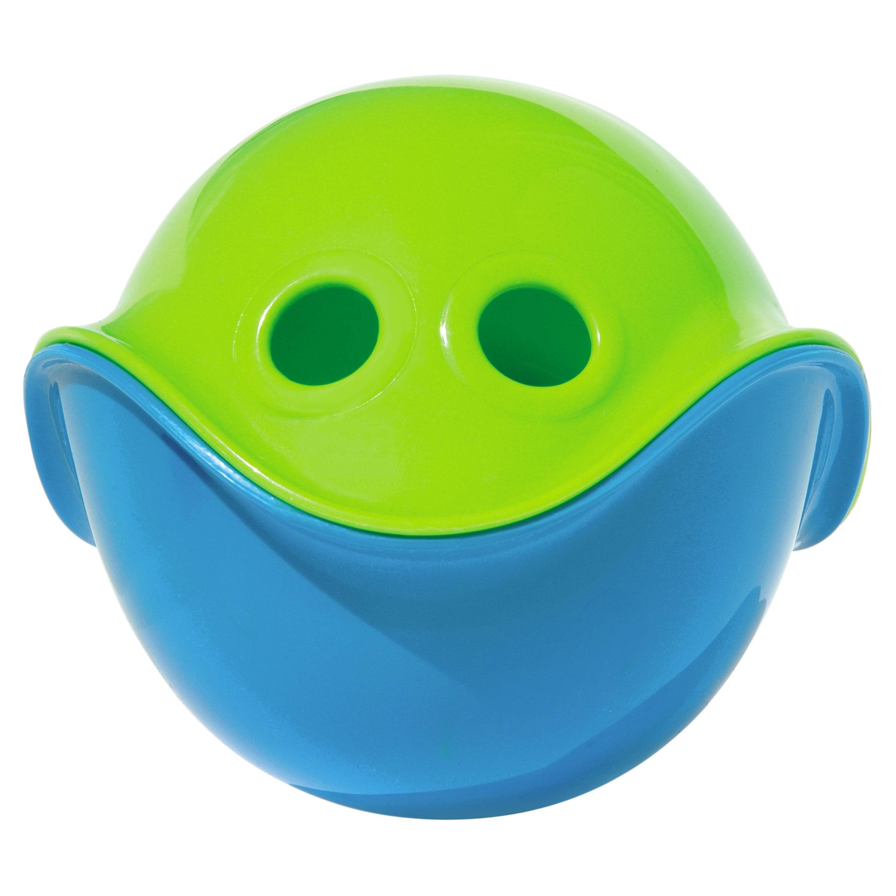 Two green and blue Bilibo Mini play shells by MOLUK joined together to form a smiling face.