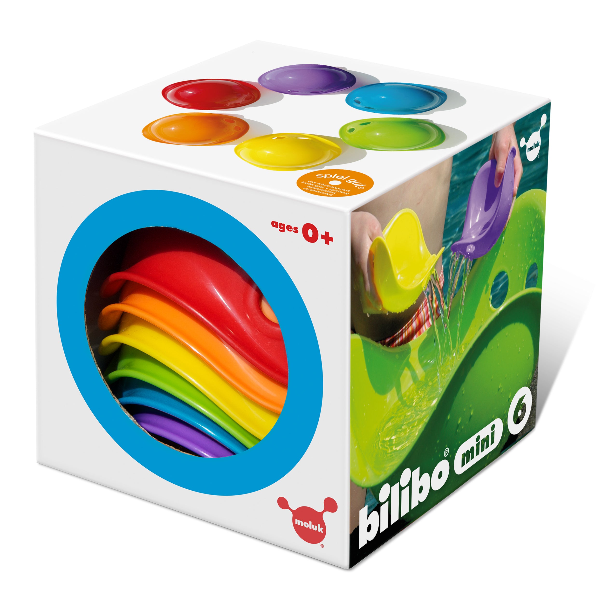 Gift box of Bilibo Mini by MOLUK in classic rainbow colors with a 0+ age recommendation.