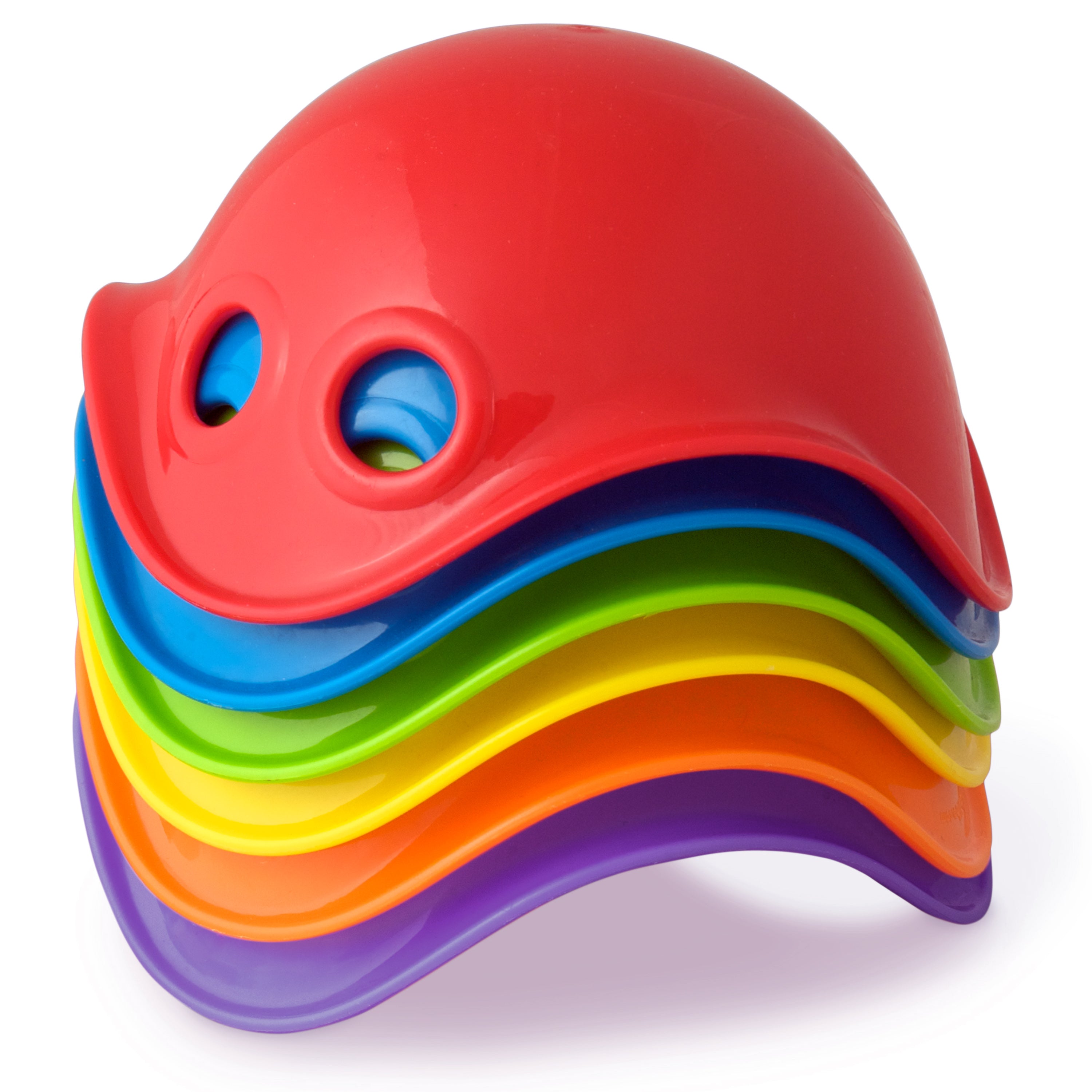 Stack of six Bilibo Mini nesting and sorting cups by MOLUK in classic rainbow colors.