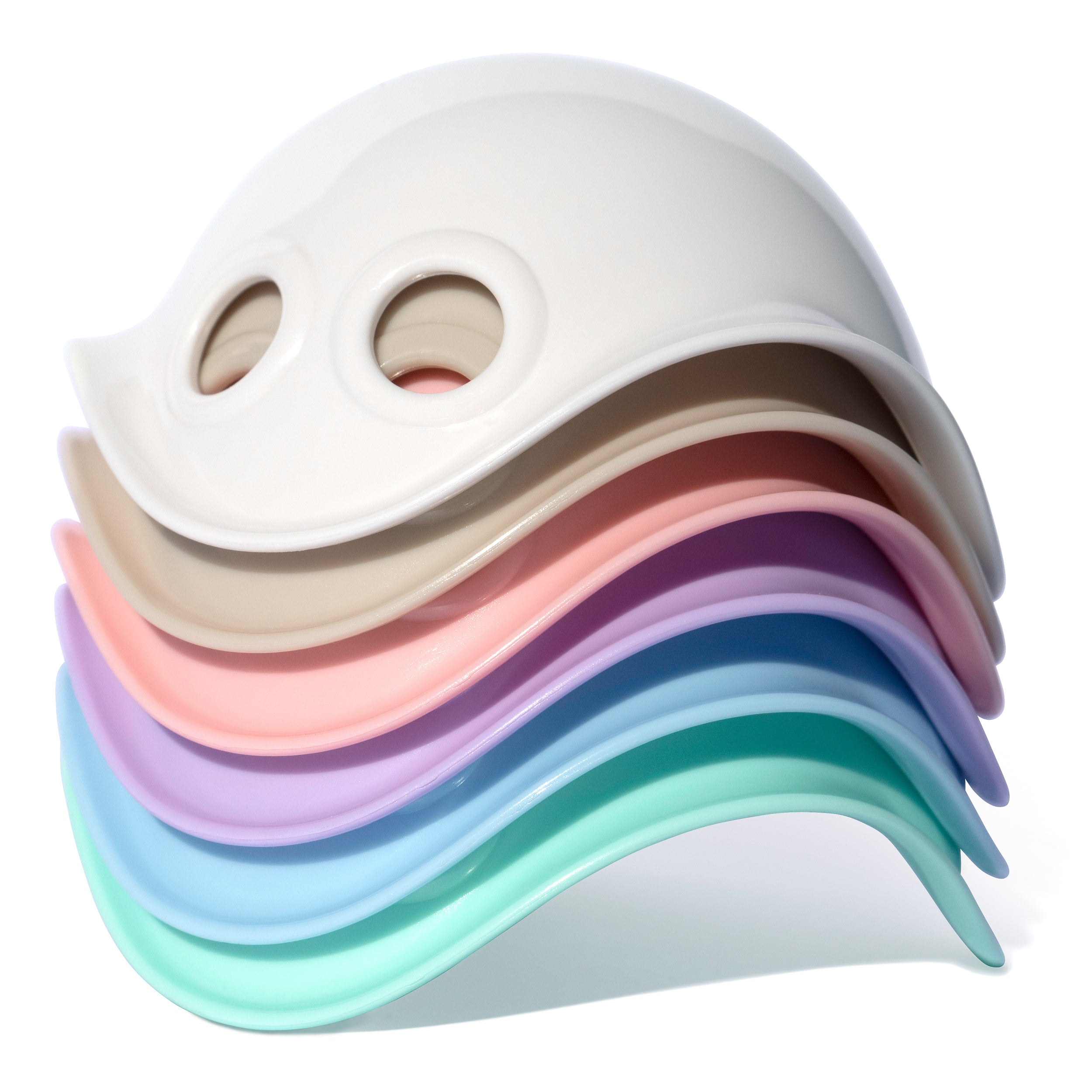 Stack of six Bilibo Mini nesting and sorting cups by MOLUK in soft pastel colors.