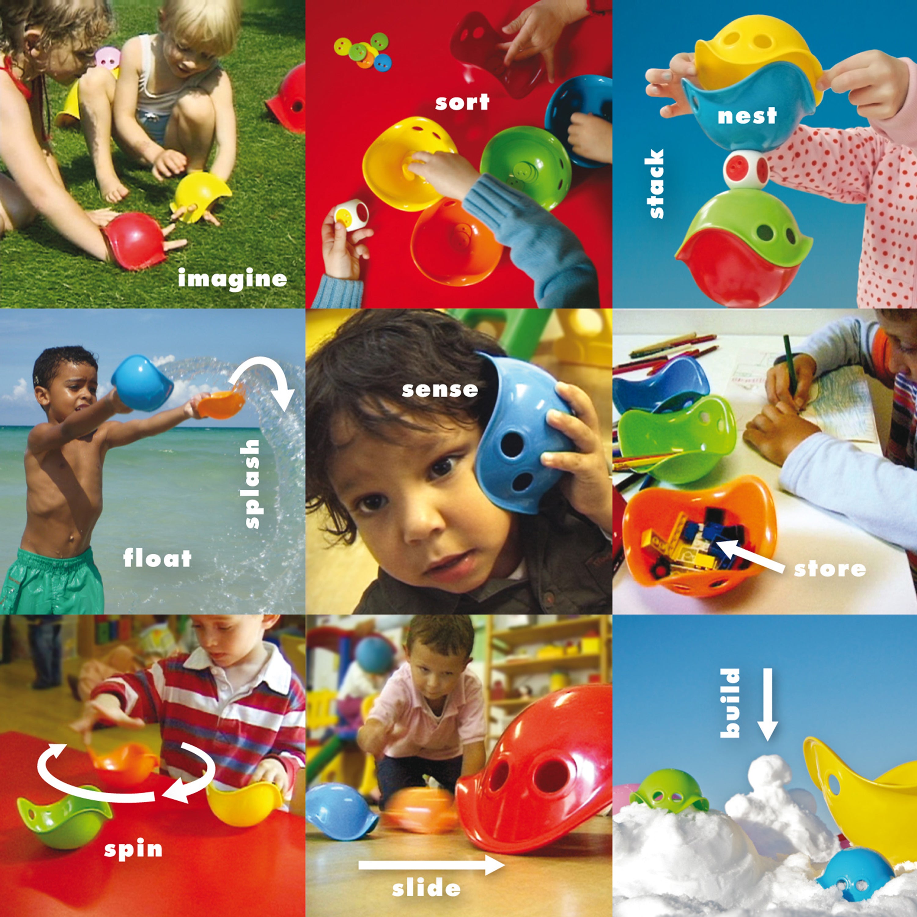 Collage of children playing with Bilibo Mini by MOLUK – sorting, stacking, splashing, building, imagining and discovering through open-ended play.