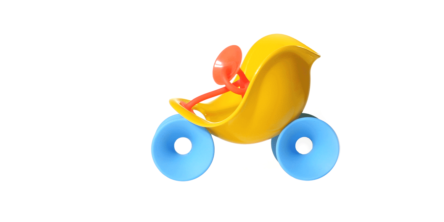 Animation of a yellow Bilibo Mini combined with blue Tulu spools to form a car with a red Oogi Junior as the driver. Showing how all MOLUK toys work together.