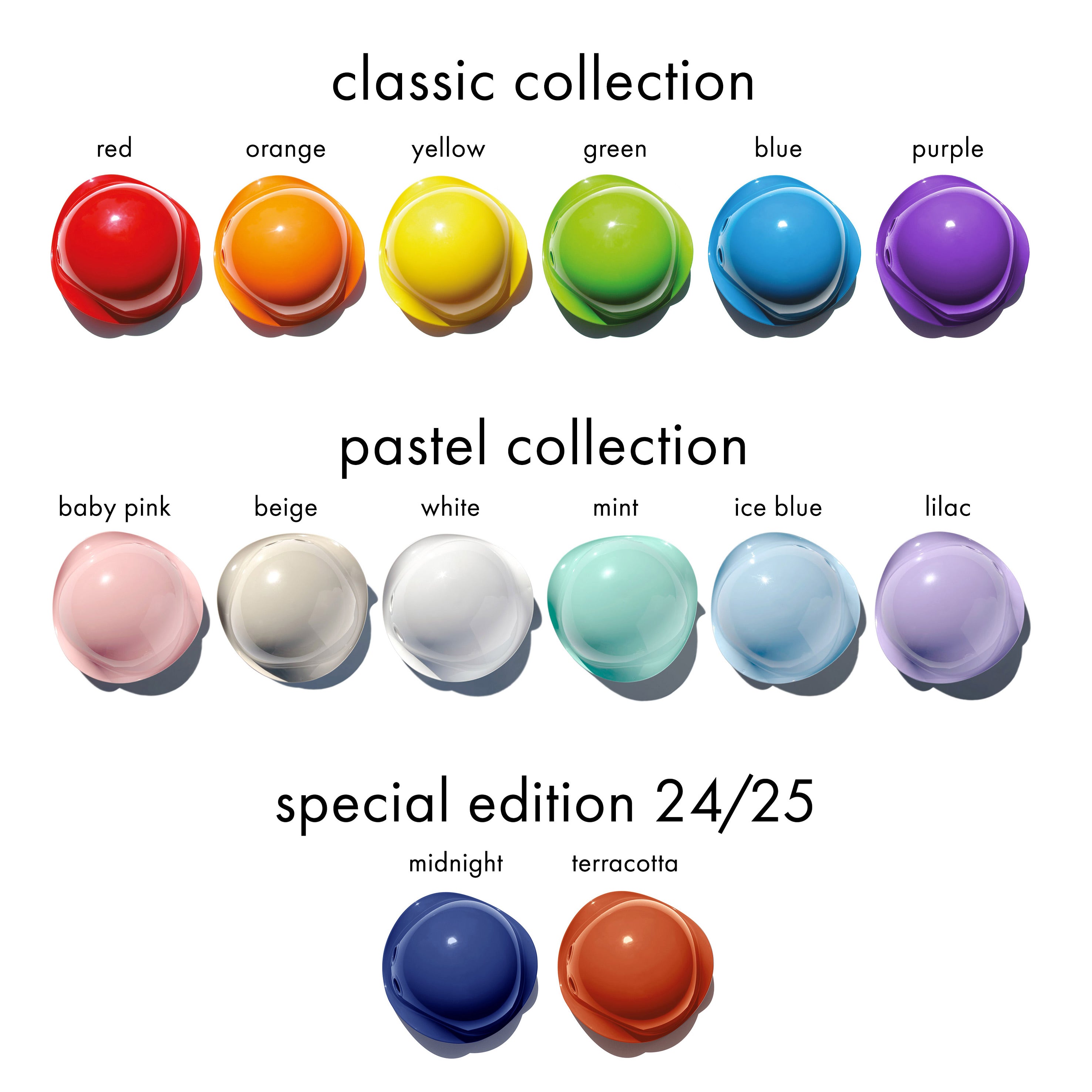 Color swatches for the classic, pastel, and special edition collections of MOLUK's open-ended Bilibo toy.