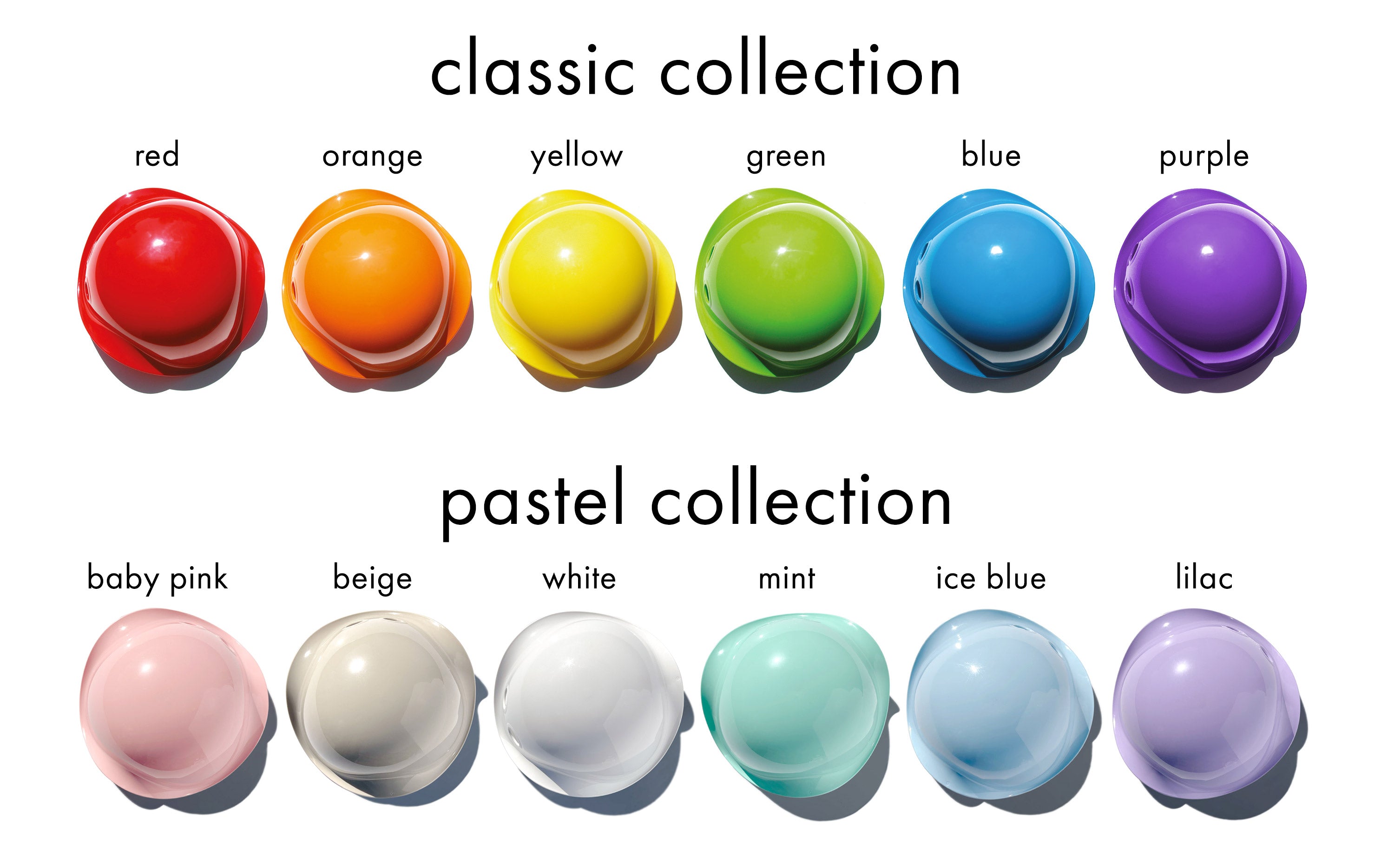 Bilibo color collections by MOLUK, showing six classic colors—red, orange, yellow, green, blue, purple—and six pastel colors—baby pink, beige, white, mint, ice blue, and lilac.