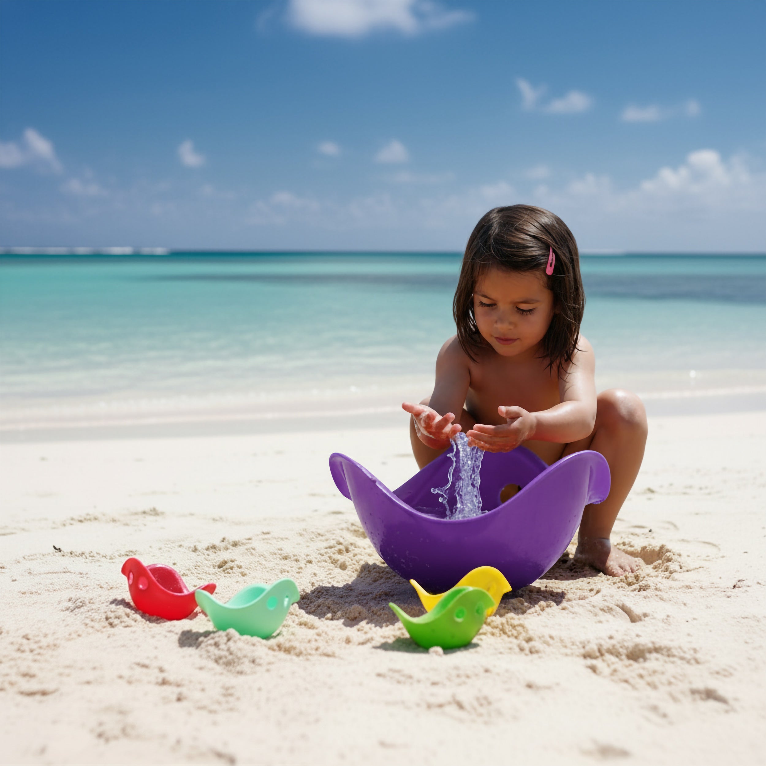 Girl playing at the beach, splashing water in a purple Bilibo play shell by MOLUK, with colorful Bilibo Mini sensory toys in the front.