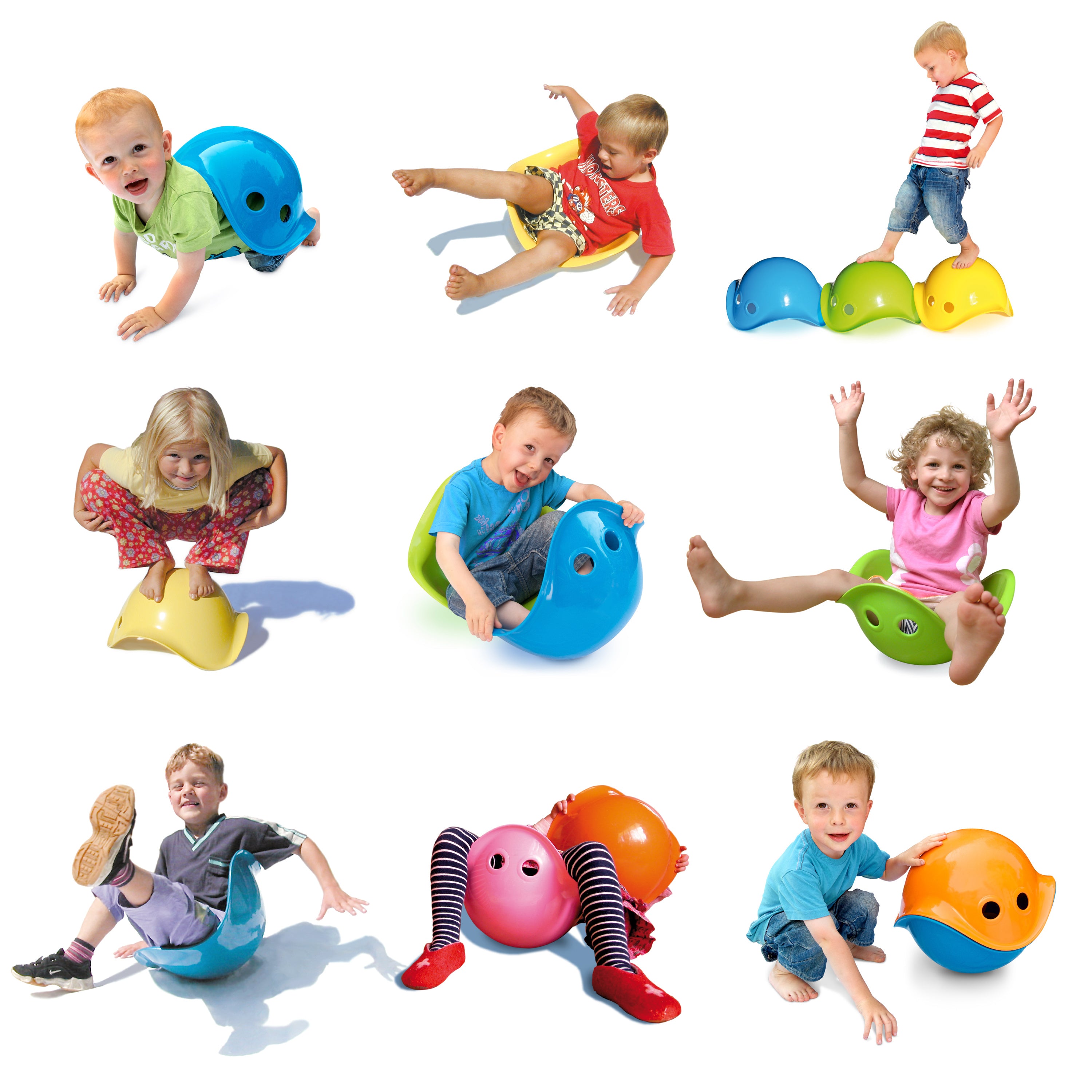 9 images of children showing different uses of MOLUK’s open-ended Bilibo toy: turtle shell, rocking horse, stepping stones, stool, spinning seat, Easter egg, and racing car.