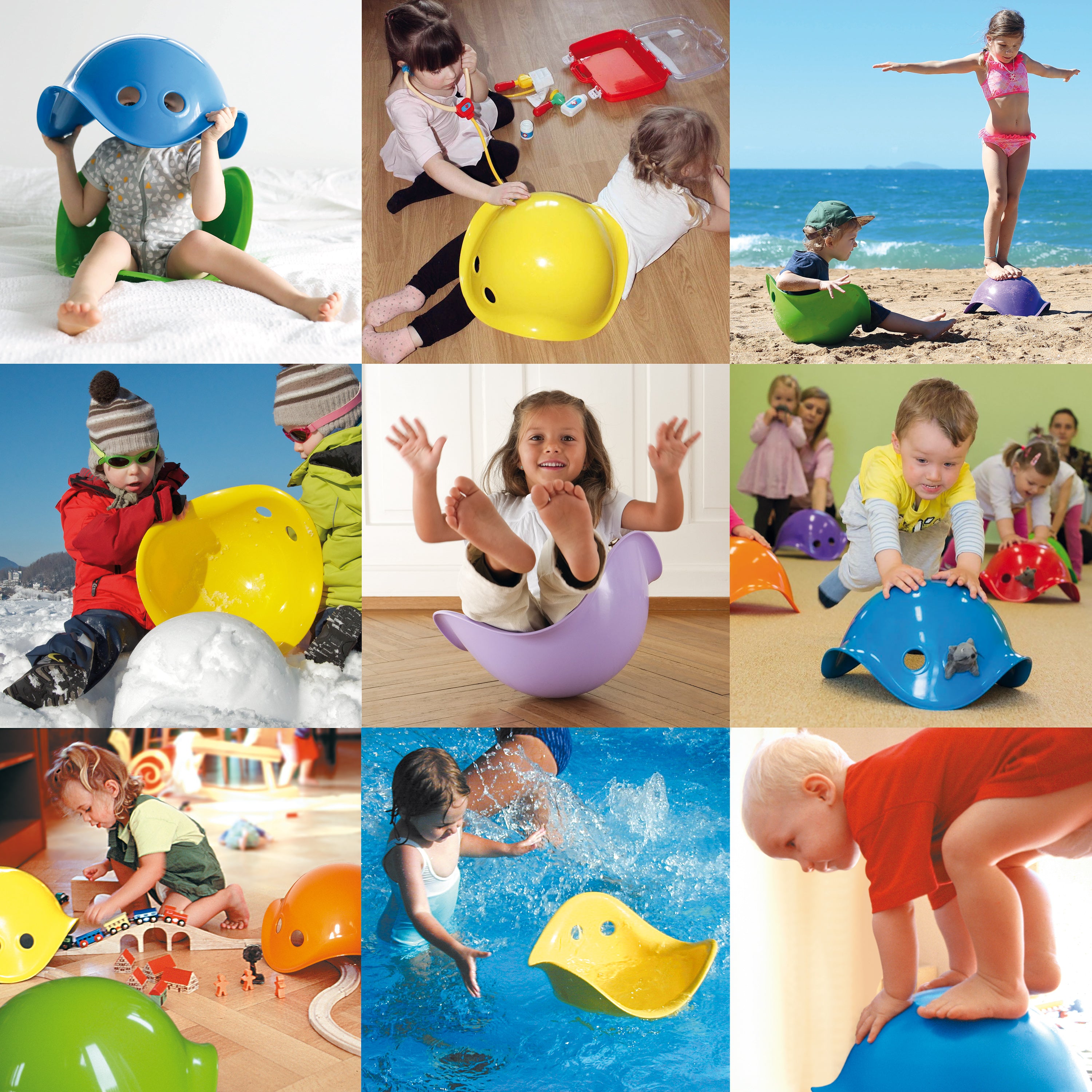 9 images of children playing with MOLUK’s open-ended Bilibo play shell, in imaginative and active play, indoors and outdoors, in water, sand, and snow.