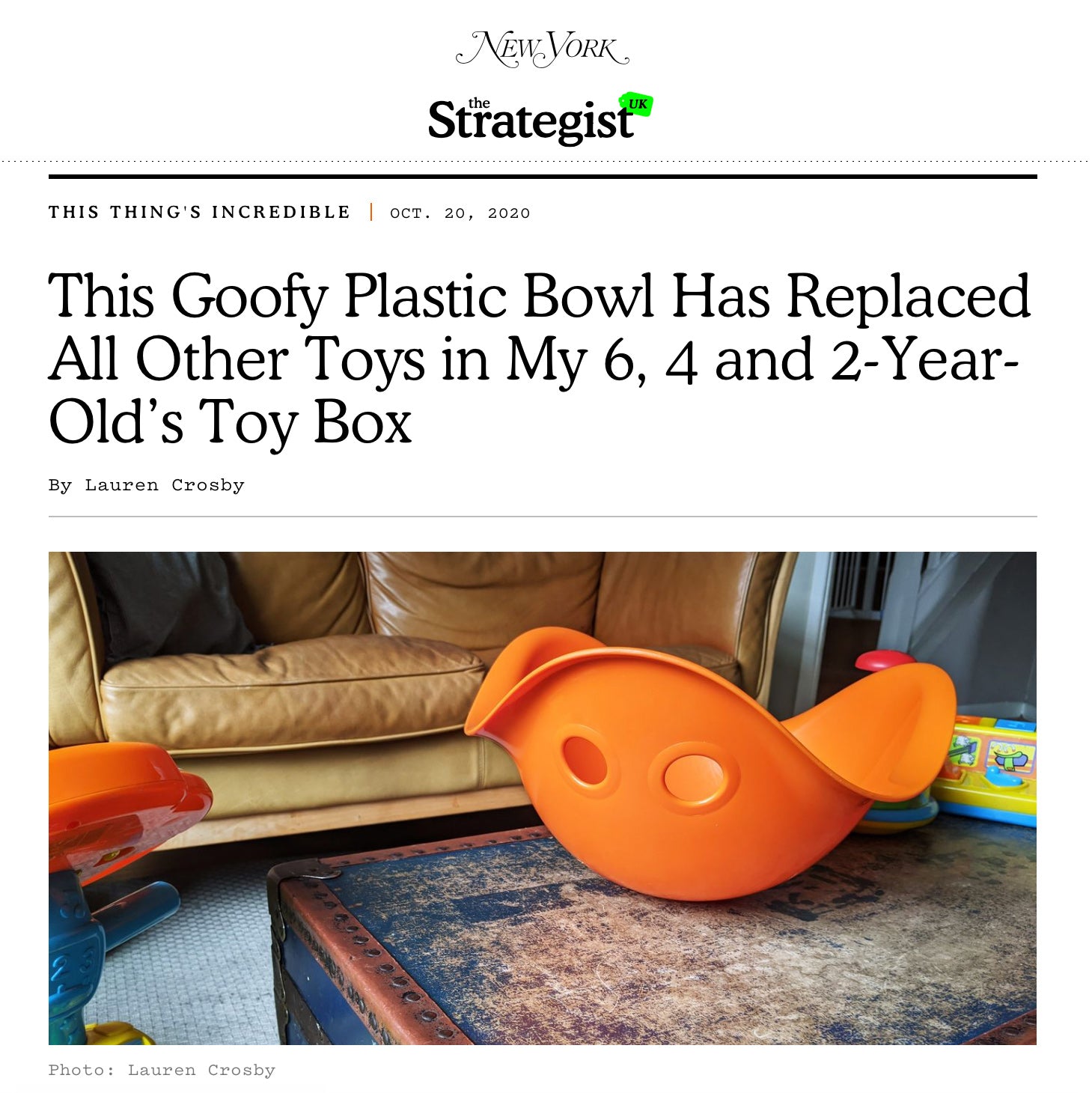 Headline of orange Bilibo toy review by The Strategist: "This Goofy Plastic Bowl Has Replaced All Other Toys in My 6-, 4- and 2-Year-Old’s Toy Box"