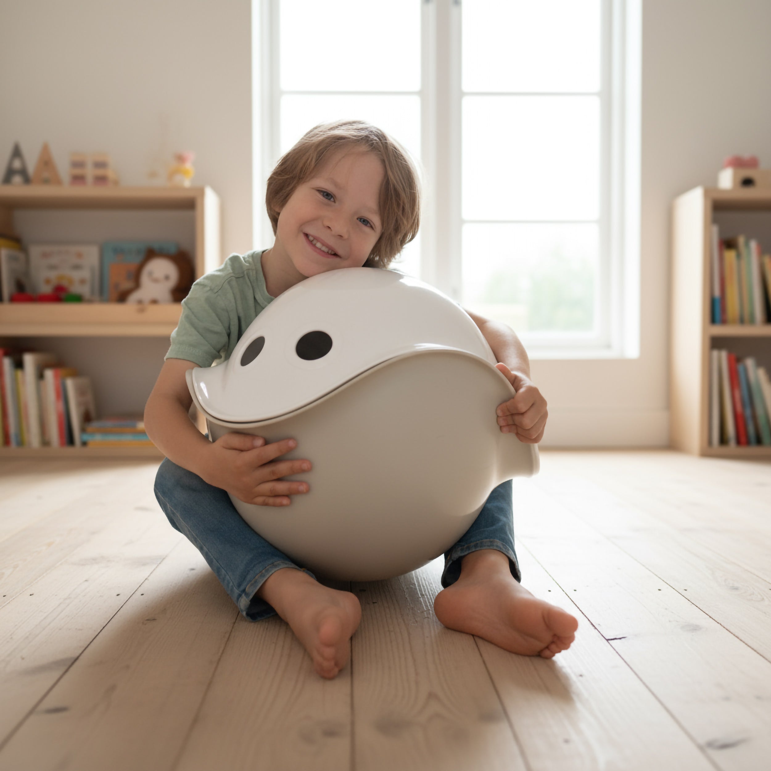 Boy holding two Bilibo play shells in white and beige, forming a smiling sphere, in a bright Montessori-inspired children's room with wooden floor.