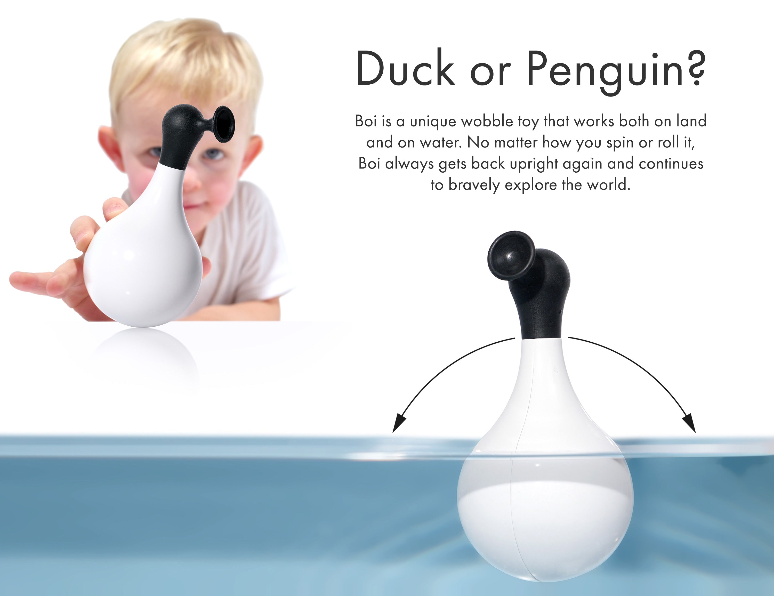 Black and white self-righting Boi wobble and bath toy by MOLUK shown on land and water with text explaining its unique properties.