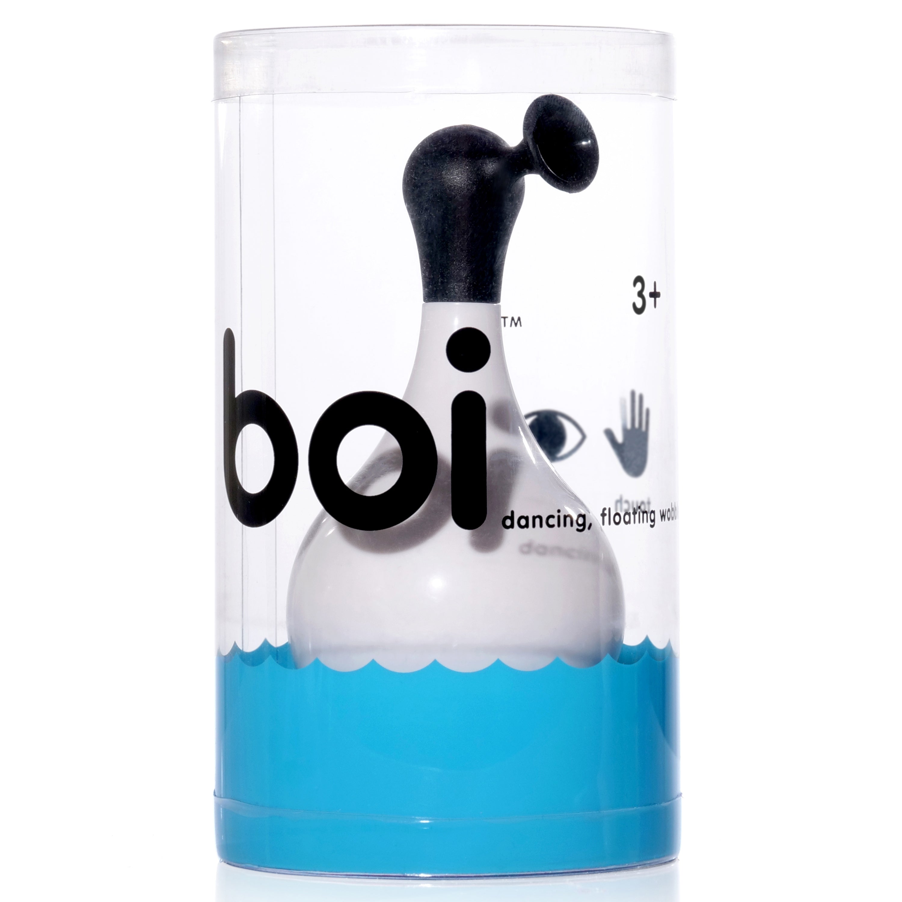 Black and white Boi wobble and bath toy in its packaging. Recommended for ages 3 and up.