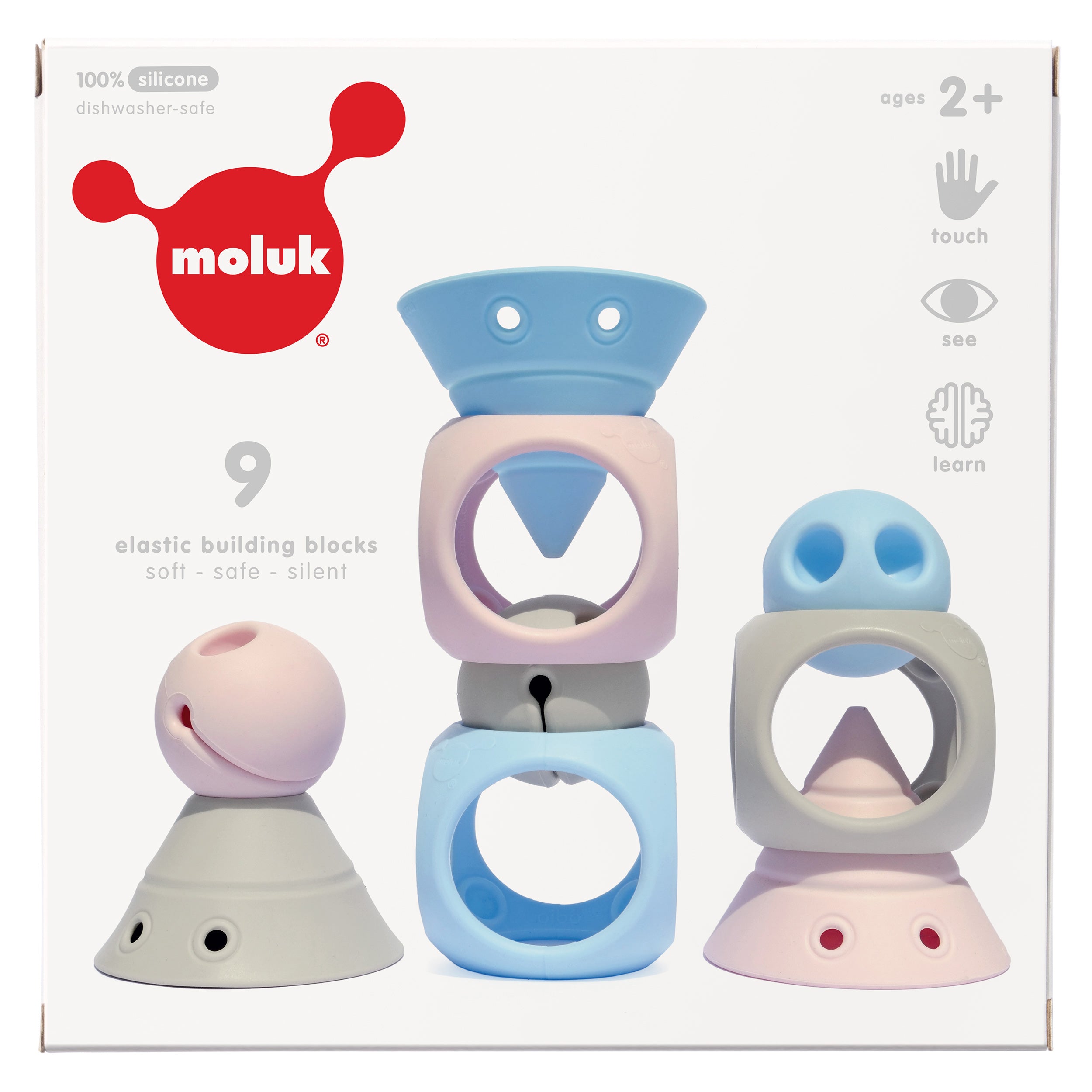 Front of MOLUK’s BUILDING GENIUS box showing nine elastic silicone building blocks – Hix cones, Mox balls, and Oibo cubes – in soft pastel colors, safe for ages 2 and up.