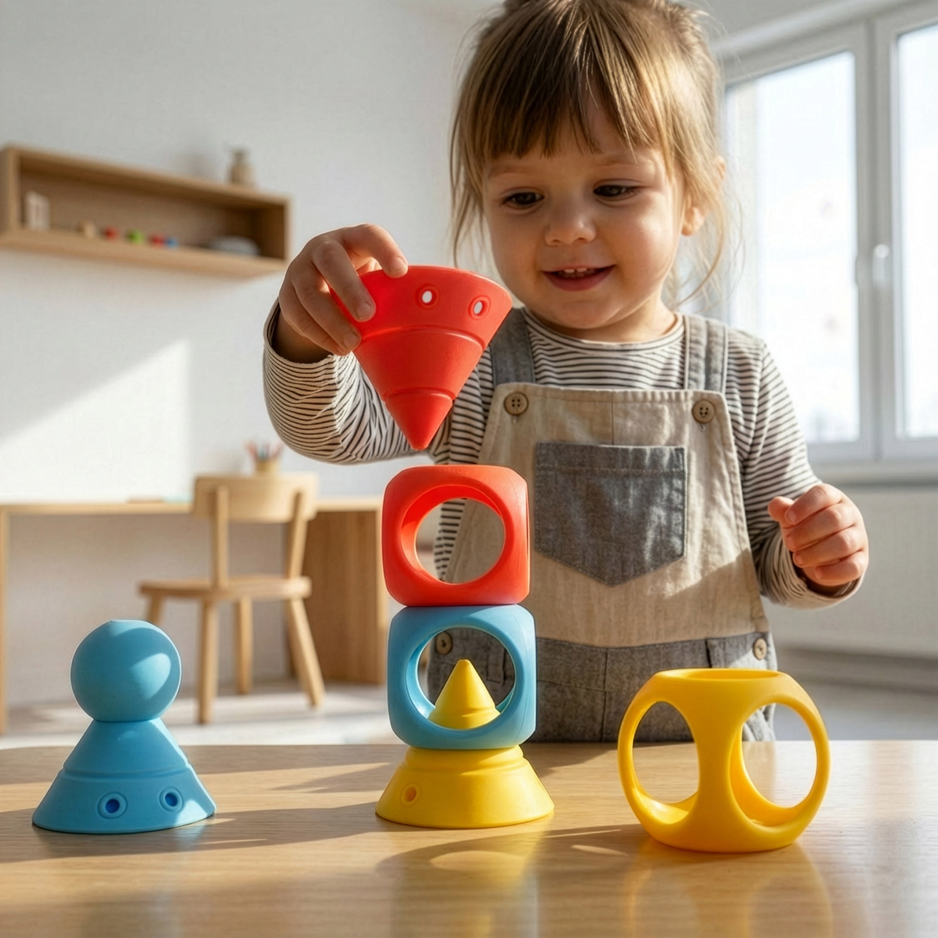 Toddler girl playing with the BUILDING GENIUS set by MOLUK, stacking Hix cones, Mox balls, and Oibo blocks in bright primary.