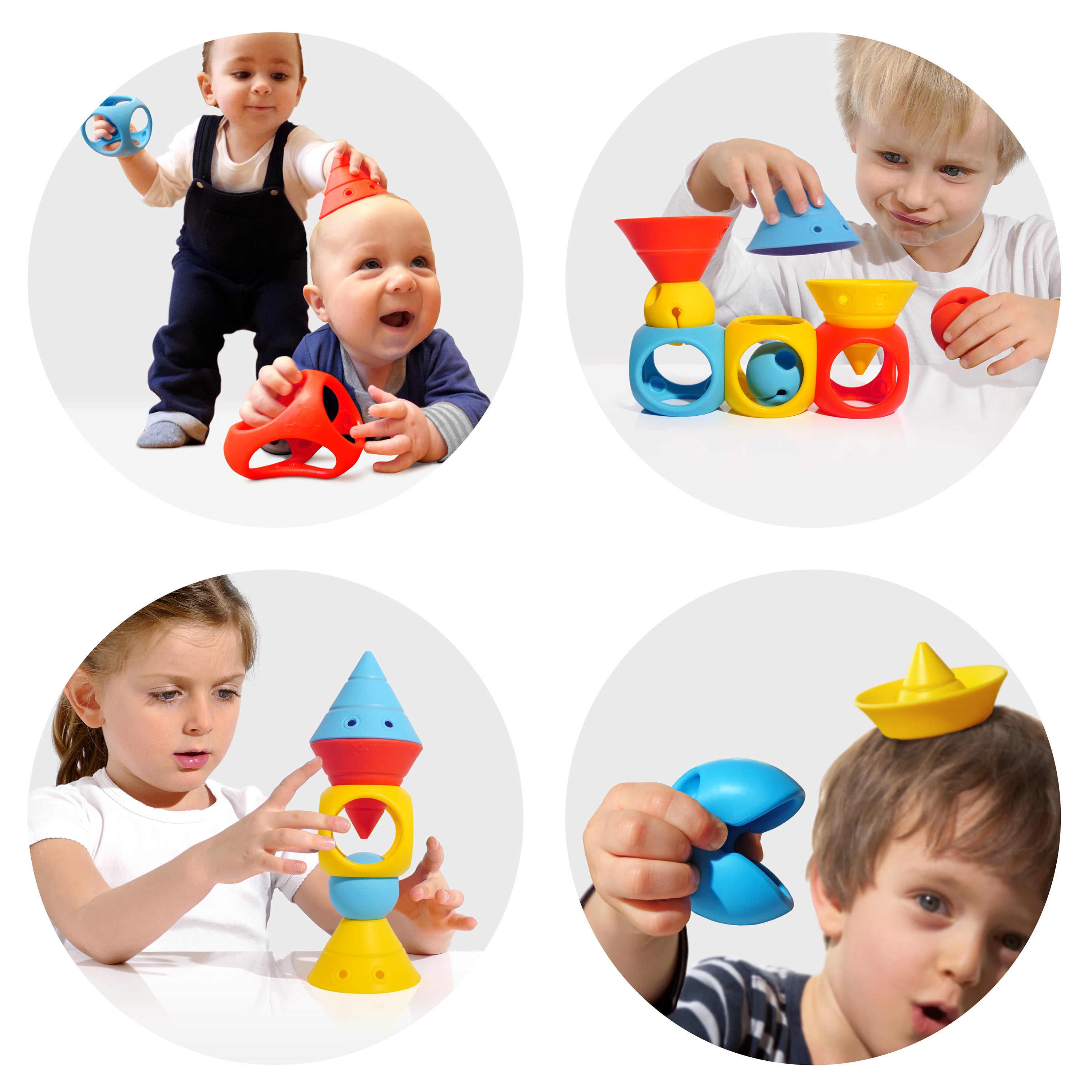 Collage of children playing with the BUILDING GENIUS set by MOLUK, stacking Hix cones, Mox balls, and Oibo blocks in bright colors and using them for open-ended pretend play.