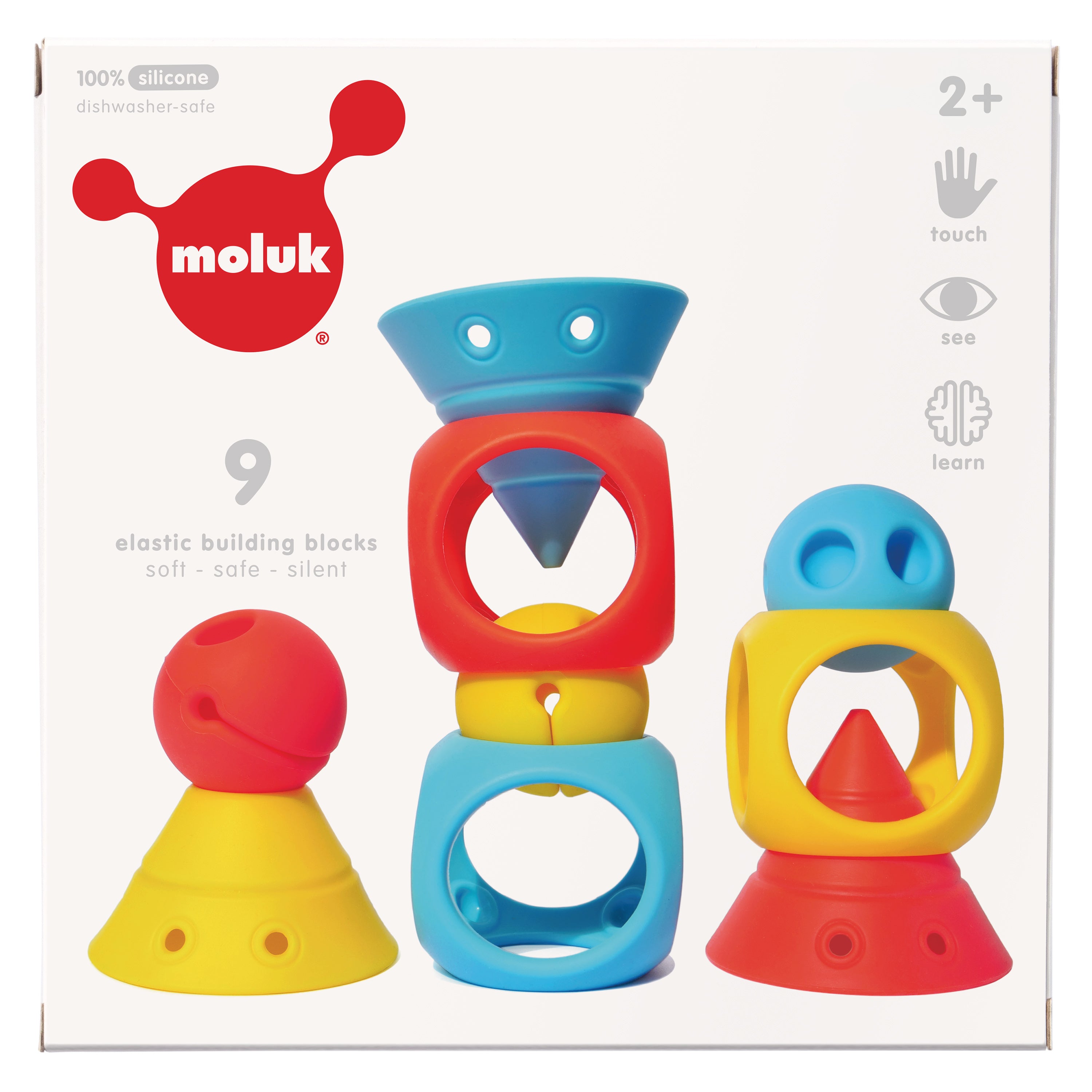 Front of MOLUK’s BUILDING GENIUS box showing nine elastic silicone building blocks – Hix cones, Mox balls, and Oibo cubes – in bright primary colors, safe for ages 2 and up.