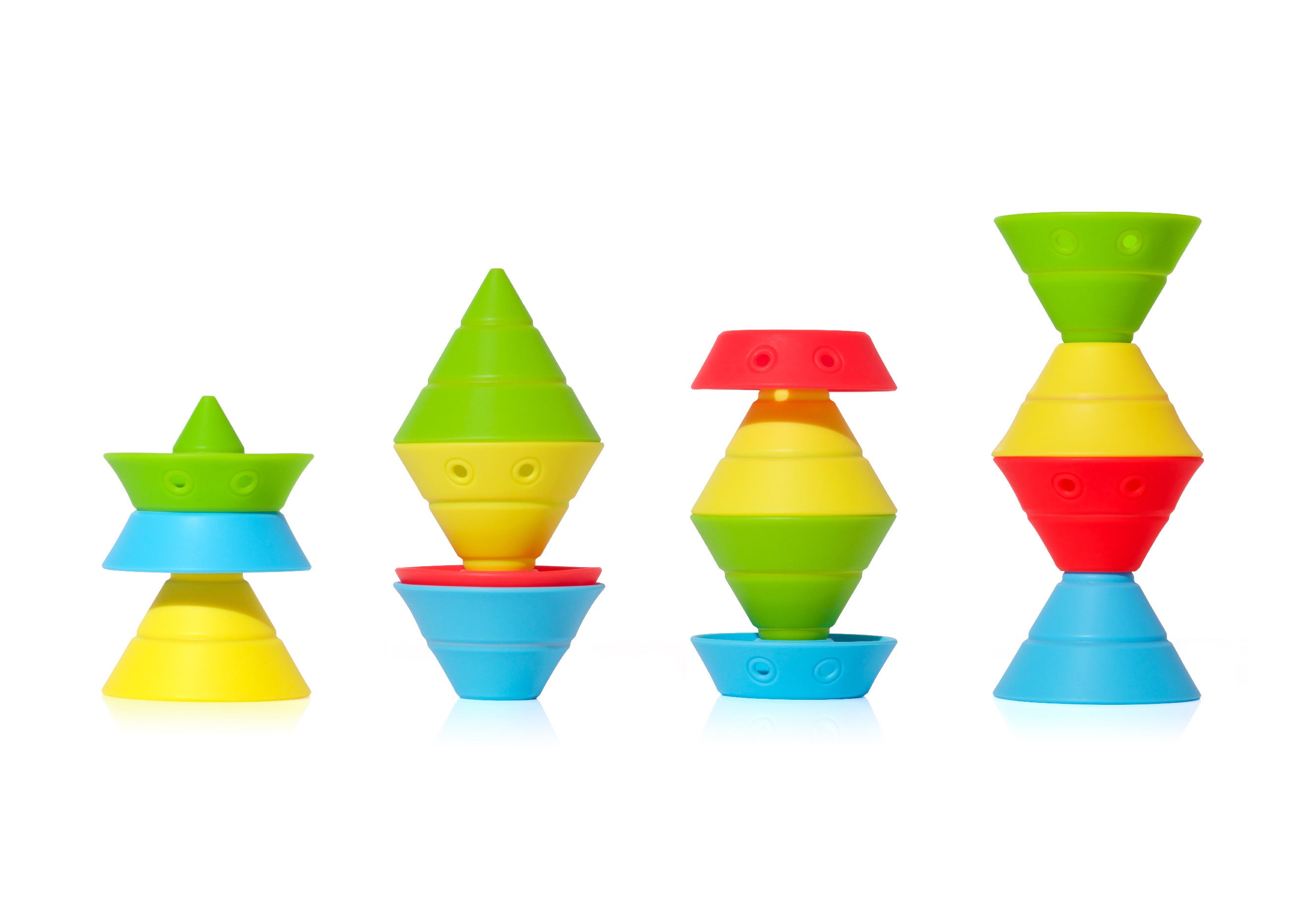 Convertible Hix silicone cones by MOLUK in bright tropic colors, stacked and nested into four unique tower shapes.