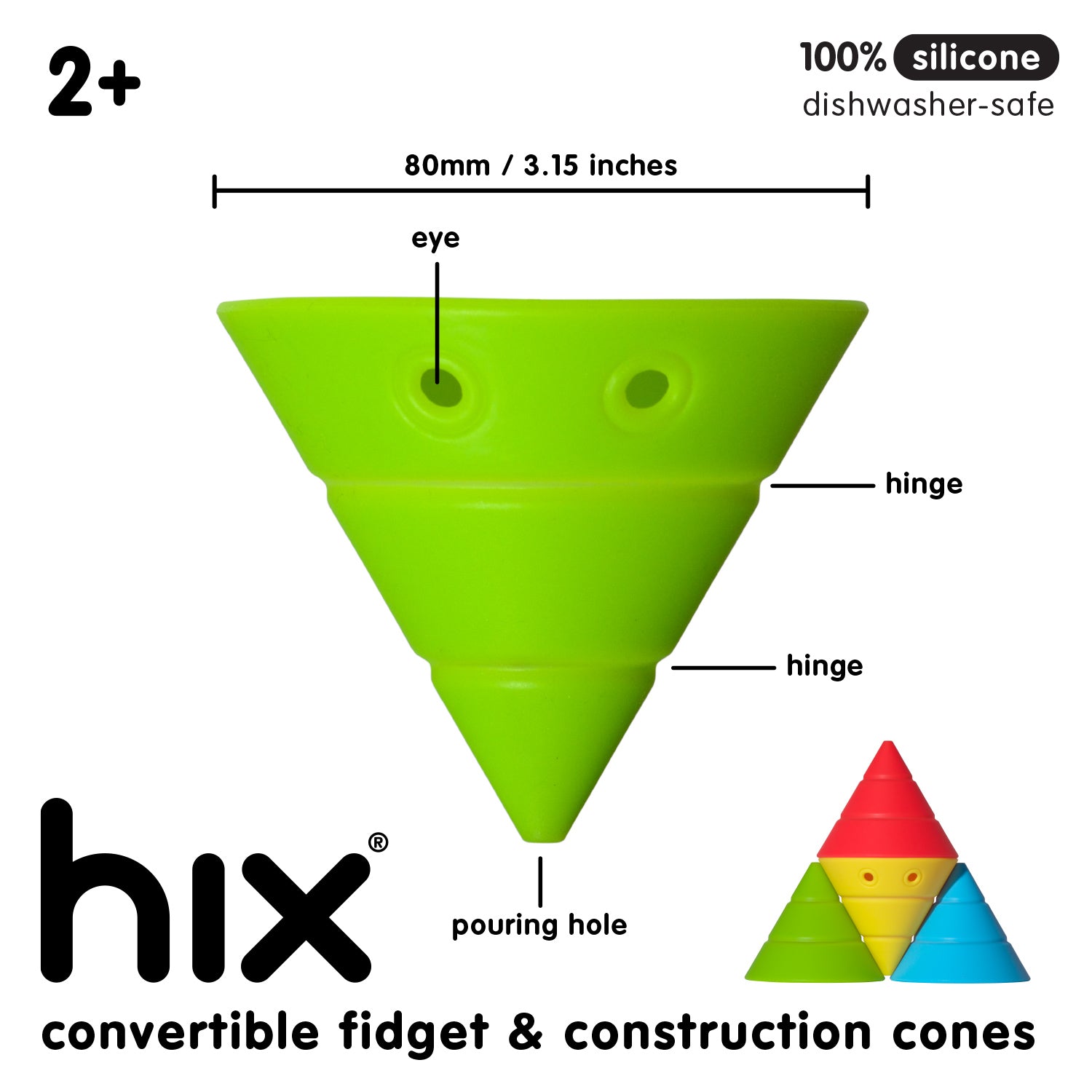 Green Hix fidget and construction cone by MOLUK, made of dishwasher-safe silicone, with age 2+ recommendation, dimensions, and labeled features.