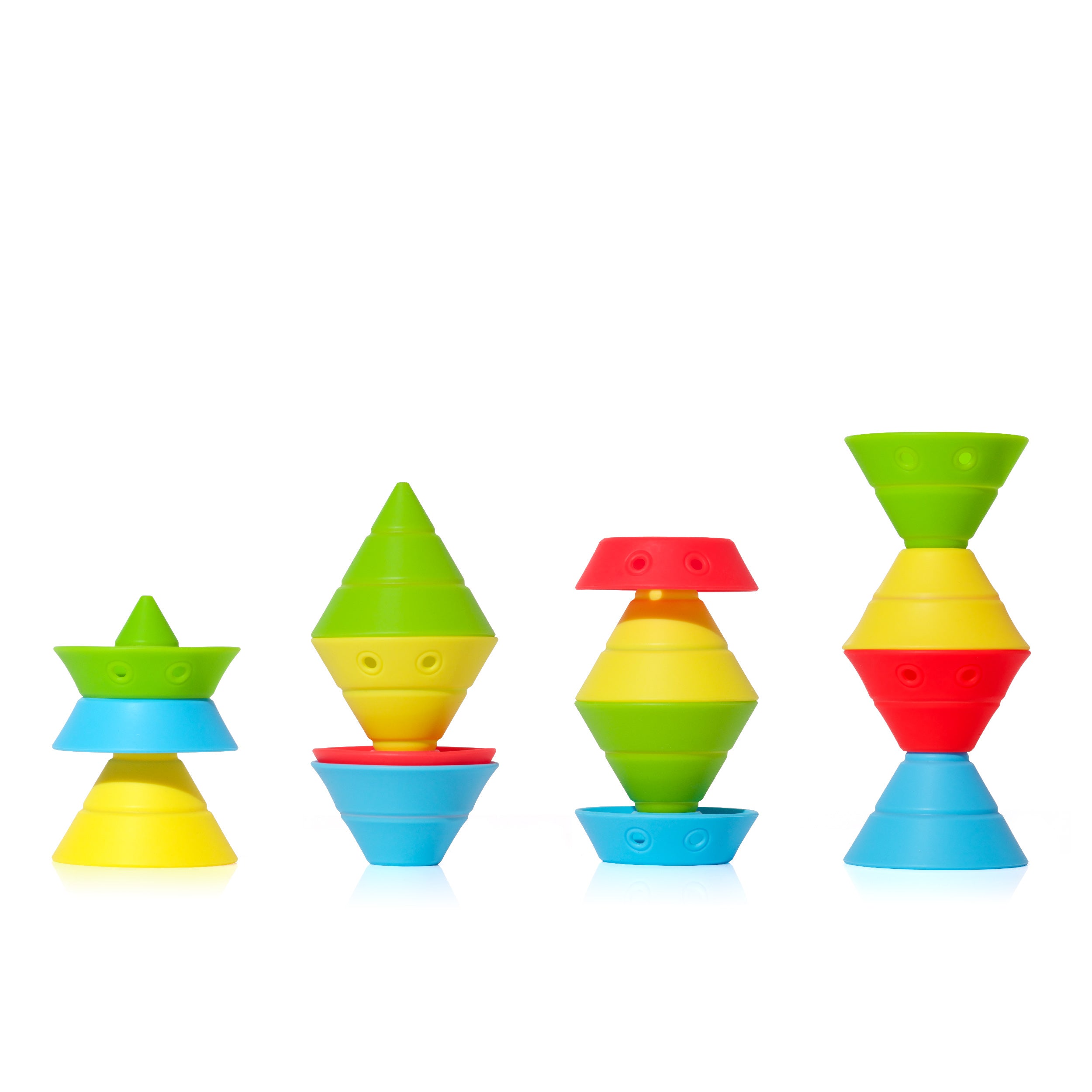 Convertible Hix silicone cones by MOLUK in bright tropic colors, stacked and nested into four unique tower shapes.