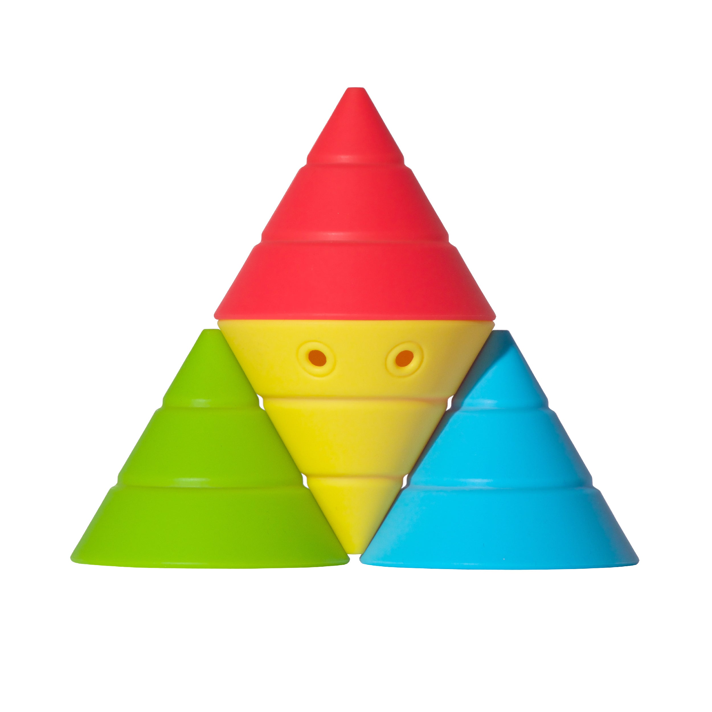 Set of Hix silicone building cones by MOLUK in bright tropic colors, stacked into a playful pyramid.