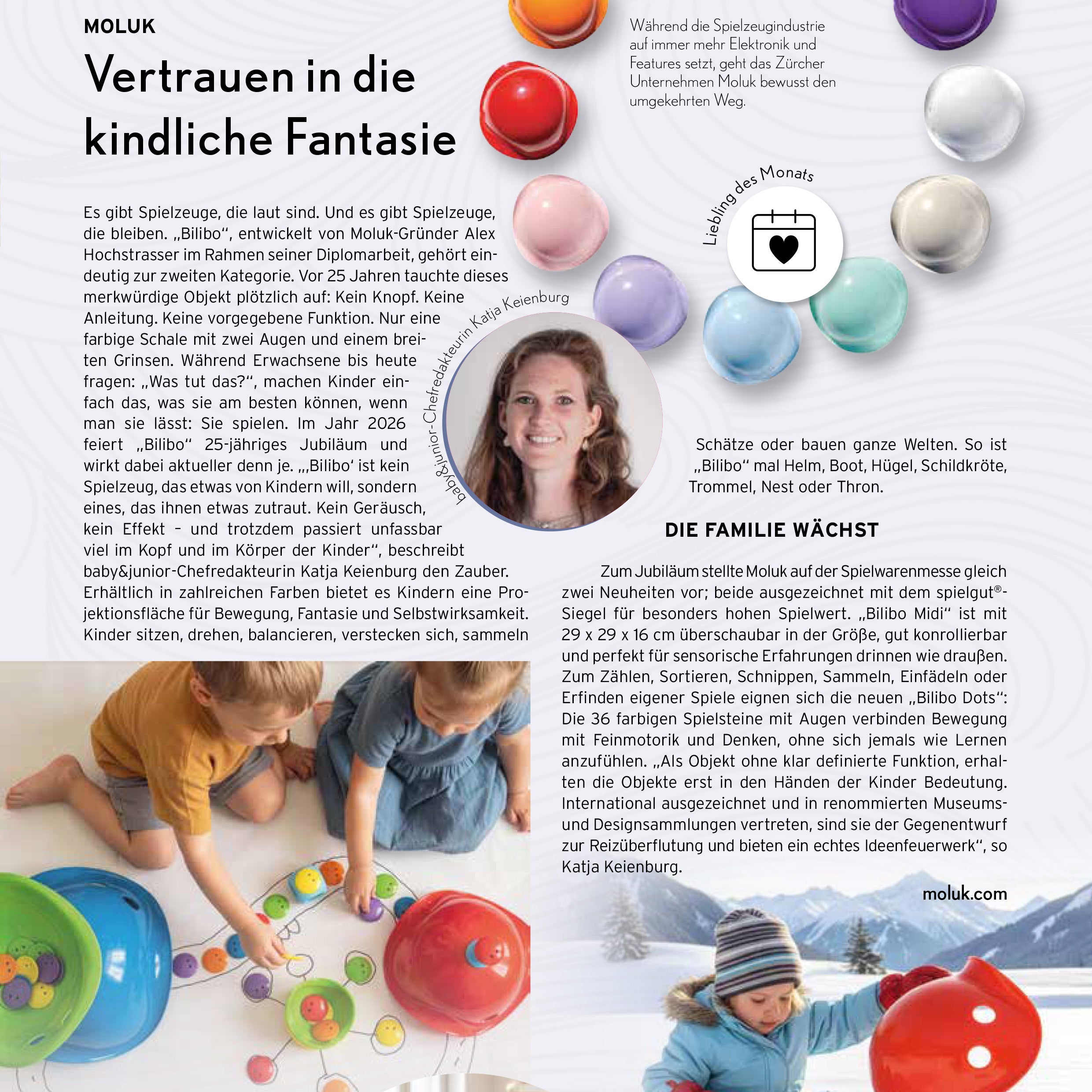 Editorial feature on MOLUK’s Bilibo, showing children playing with the iconic shell-shaped toy indoors and outdoors, highlighting open-ended play and introducing Bilibo Midi and Bilibo Dots.