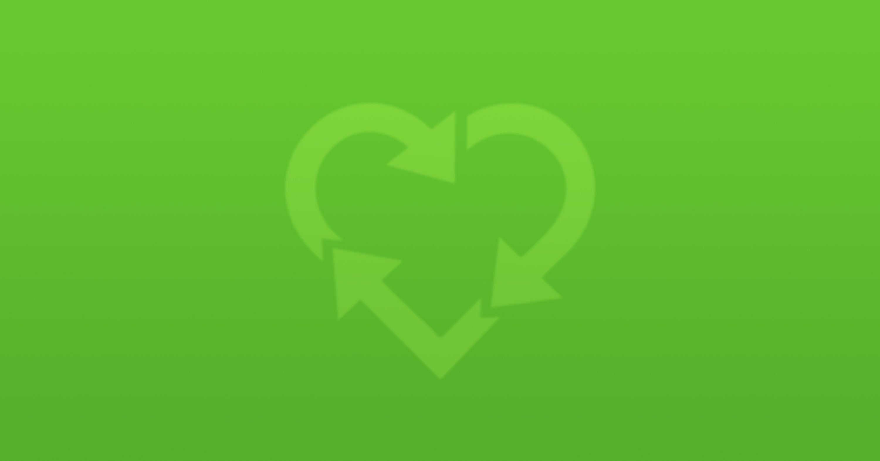 Green background for MOLUK's sustainability statement with a heart shaped recycling symbol in the center
