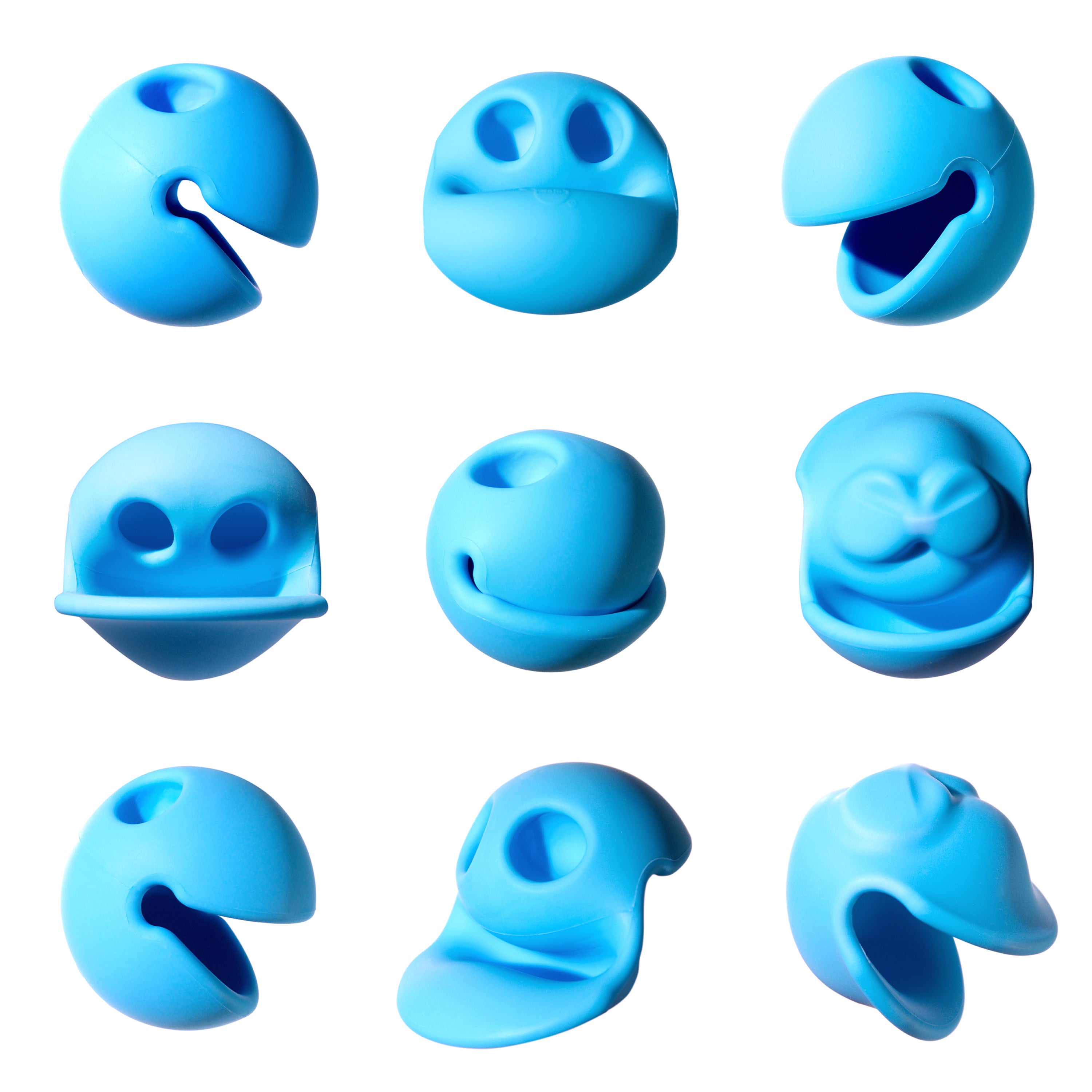 Nine blue Mox silicone fidget balls by MOLUK shown in different squeezed and turned positions, creating a variety of playful facial expressions.