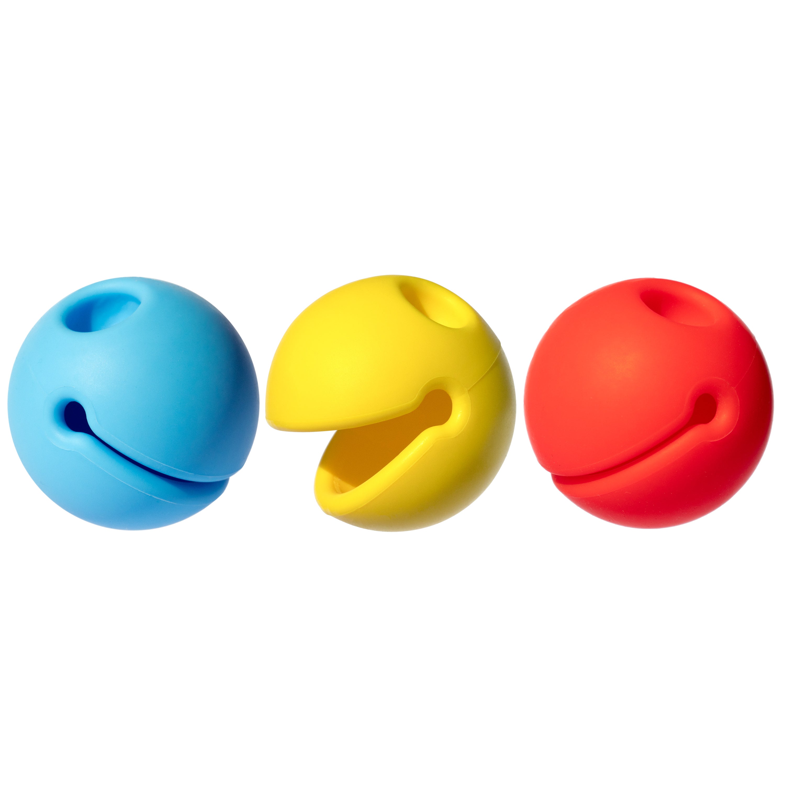Set of three Mox silicone balls by MOLUK in blue, yellow, and red, with smiling faces, for fidgeting, imaginative play and stress relief.
