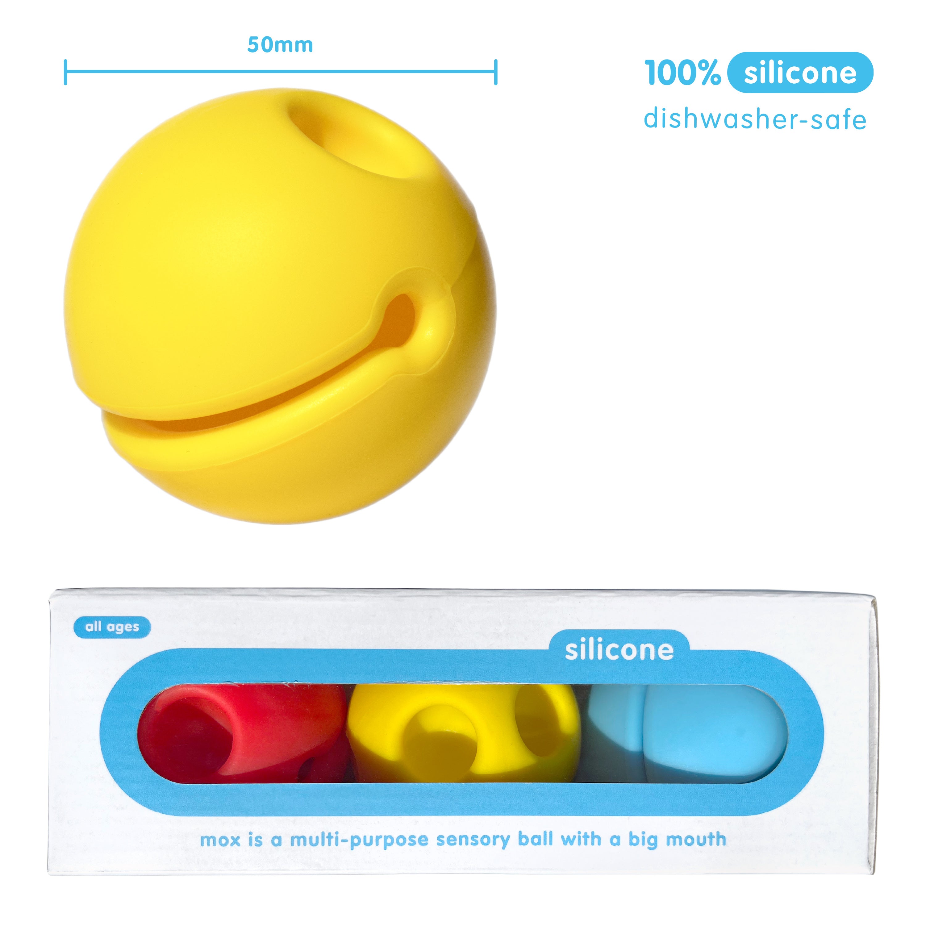 Yellow Mox silicone sensory ball by MOLUK with smiling expression, shown with retail box containing red, yellow, and blue Mox balls.