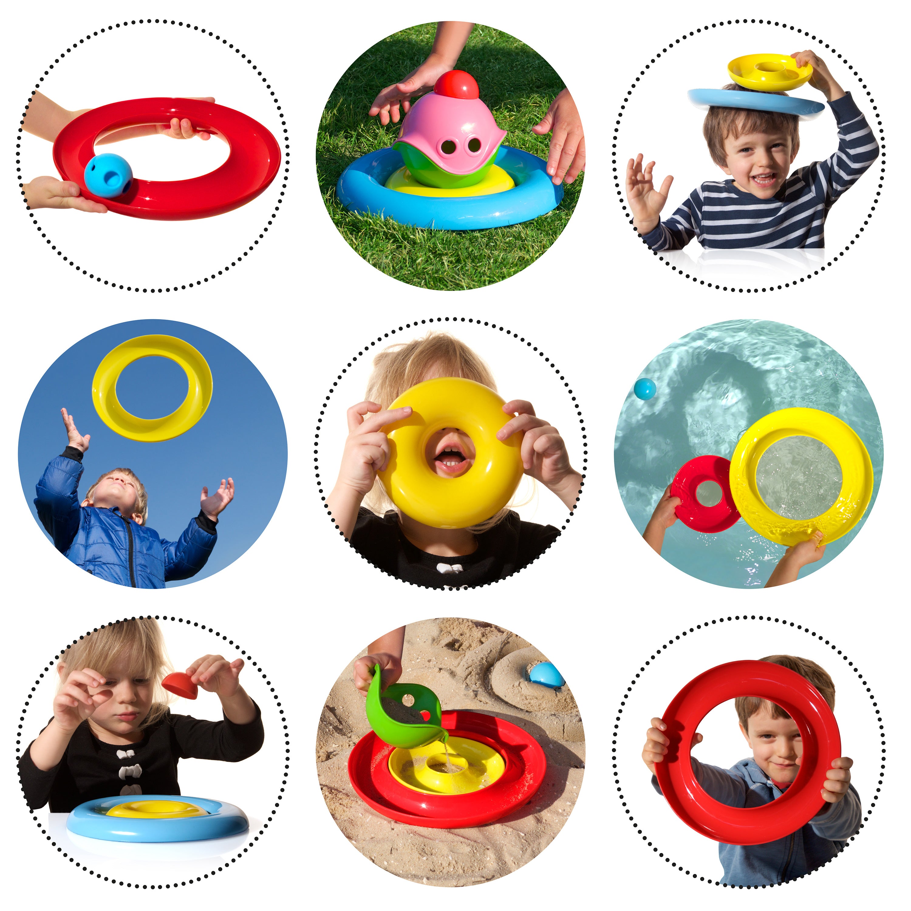 Collage of children playing with MOLUK's open-ended Nello ring puzzle and nesting toy. Indoors and outdoors with water, sand, and snow.