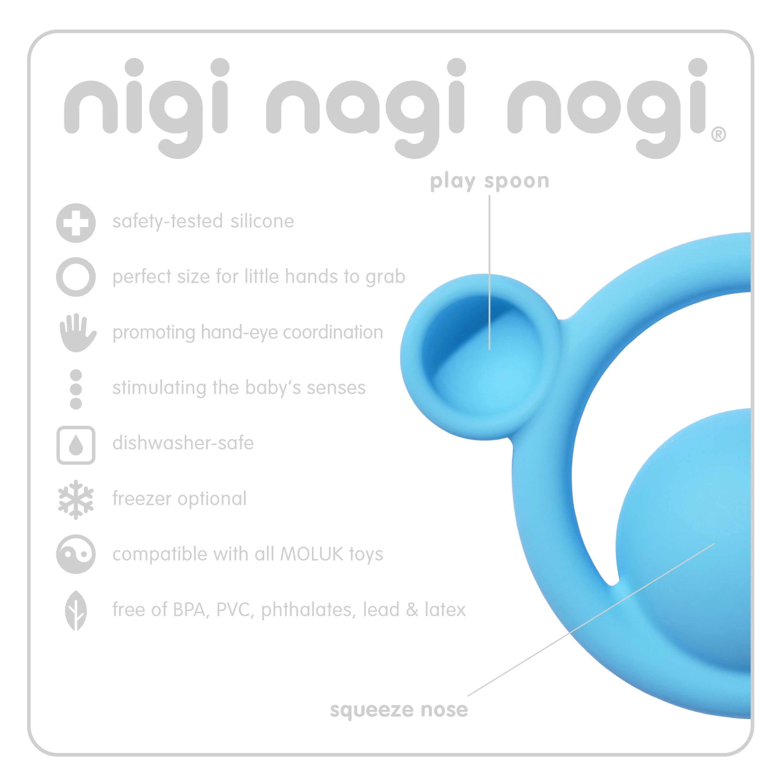 Chart highlighting the main features of MOLUK’s Nigi Nagi Nogi silicone teething rings, including tactile design, safe materials, and soothing benefits.
