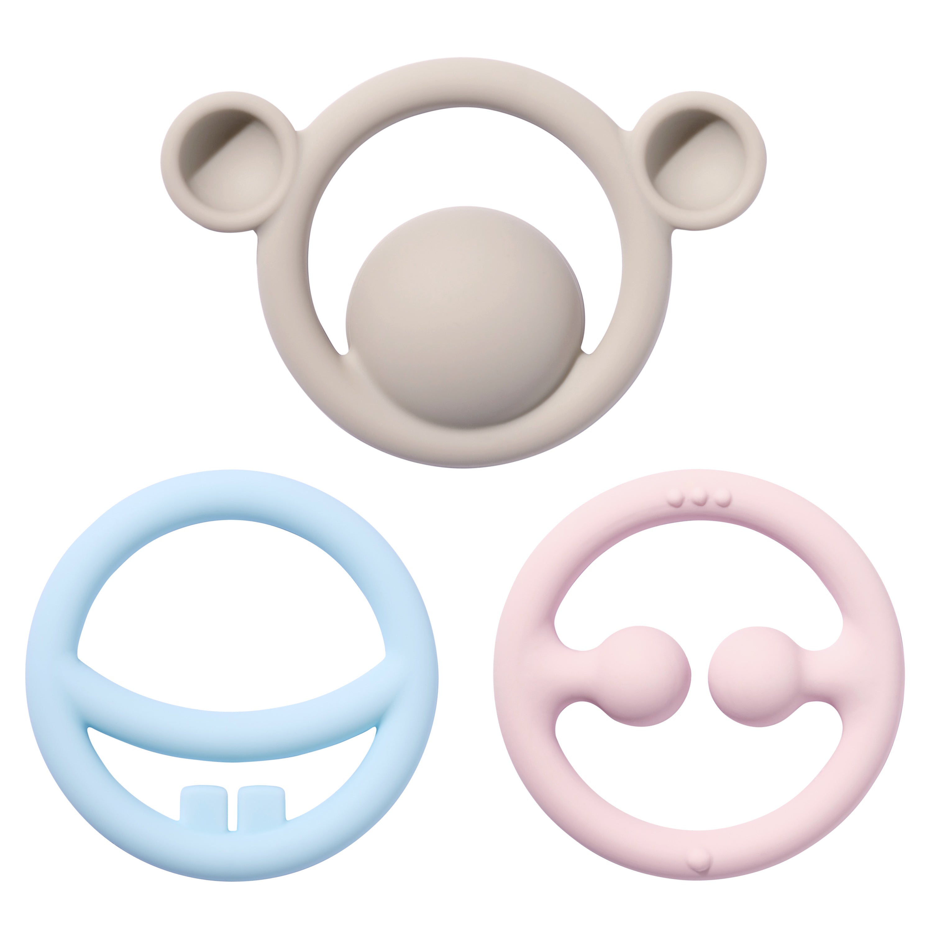 Set of Nigi Nagi Nogi silicone teething rings by MOLUK in pastel colors, designed for tactile stimulation and grasping play.”