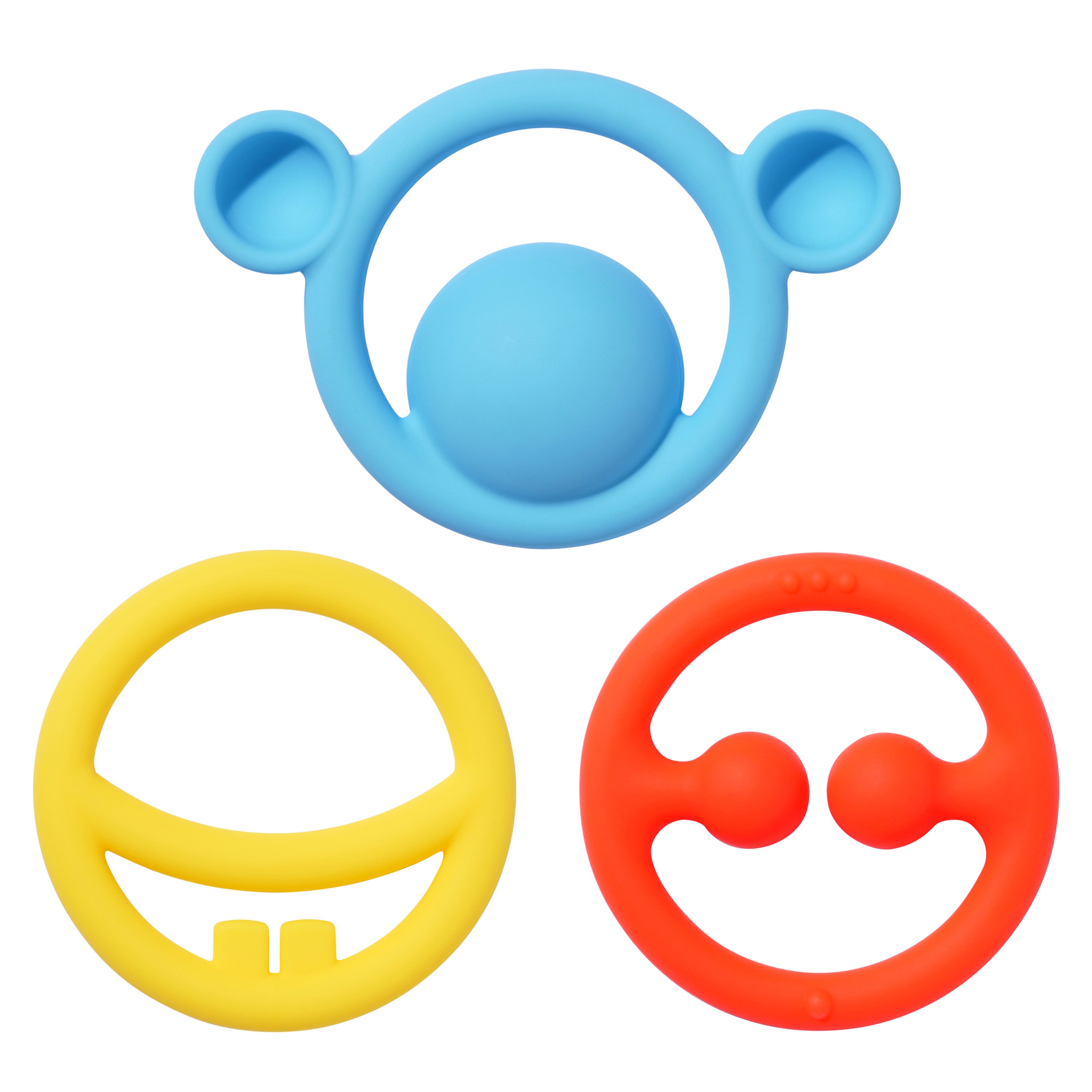 Set of Nigi Nagi Nogi silicone teething rings by MOLUK in bright primary colors, designed for tactile stimulation and grasping play.