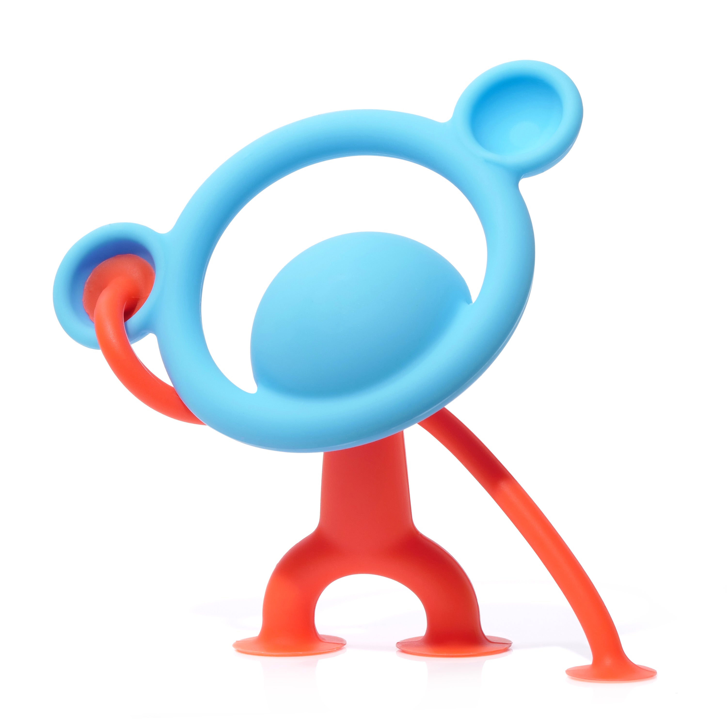 MOLUK’s blue Nogi silicone teething ring combined with a red Oogi Junior figure to form a playful character.