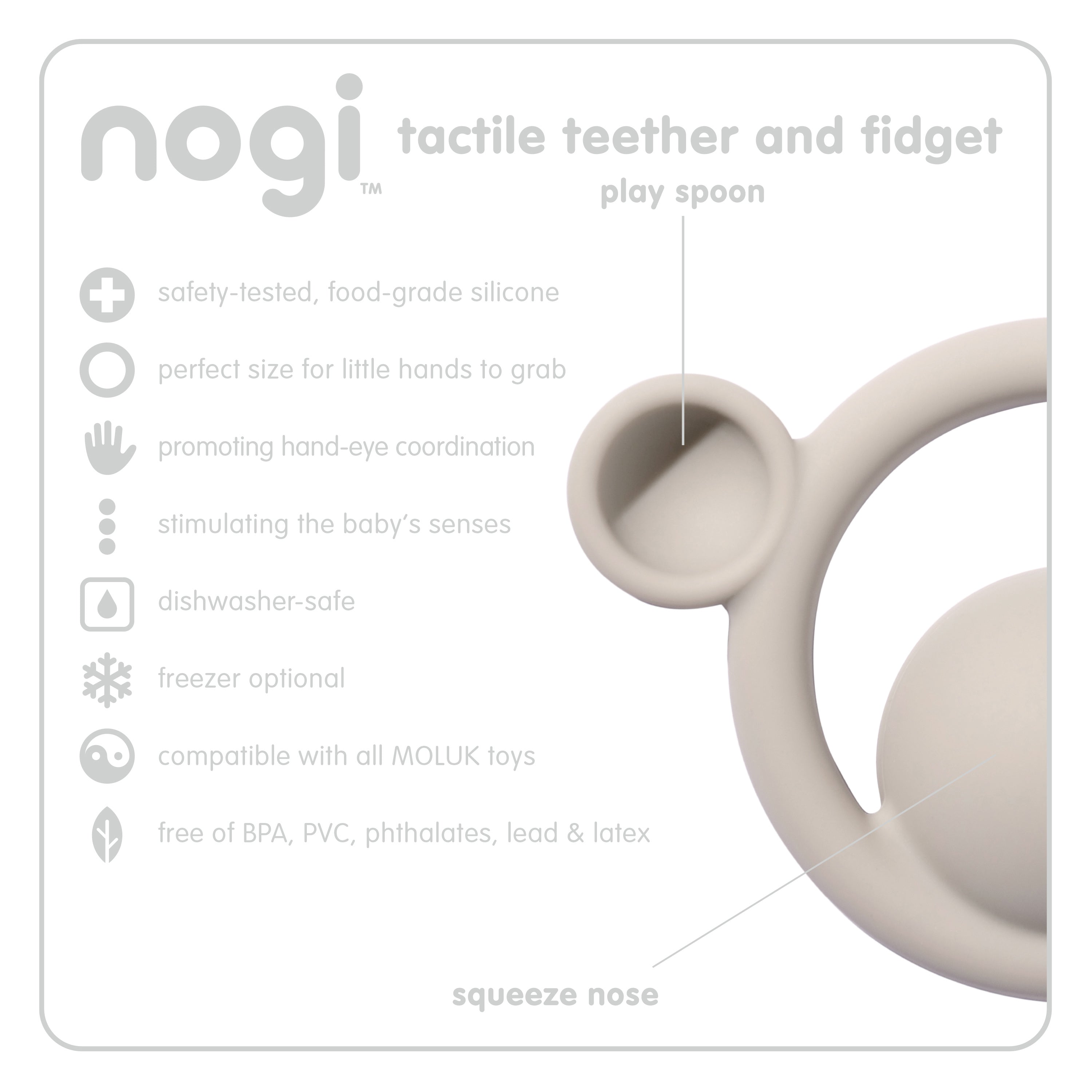 A chart showing the main features of the Nogi tactile teether and fidget by MOLUK.