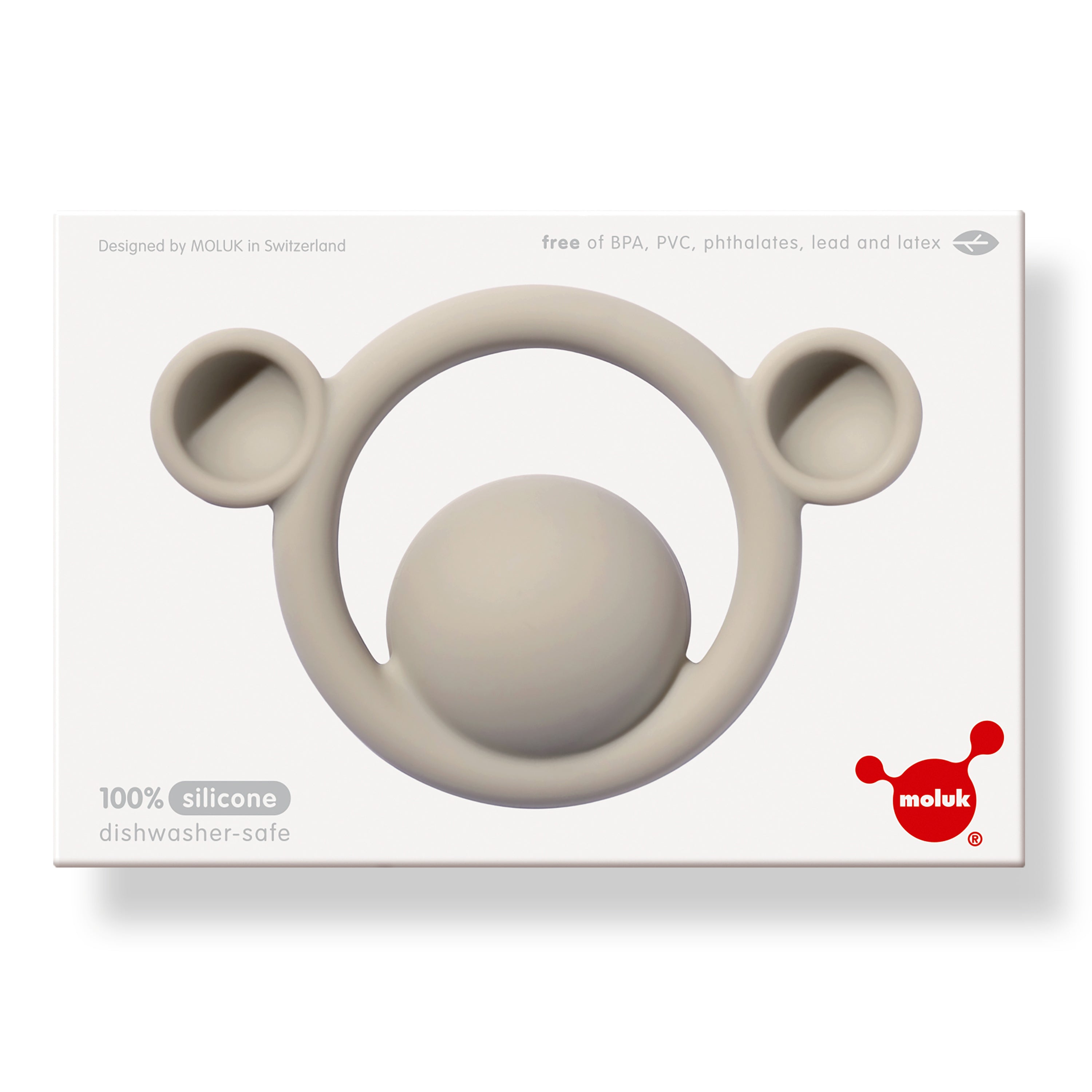 The packaging of a beige Nogi silicone teething and sensory toy for babies, designed by MOLUK.